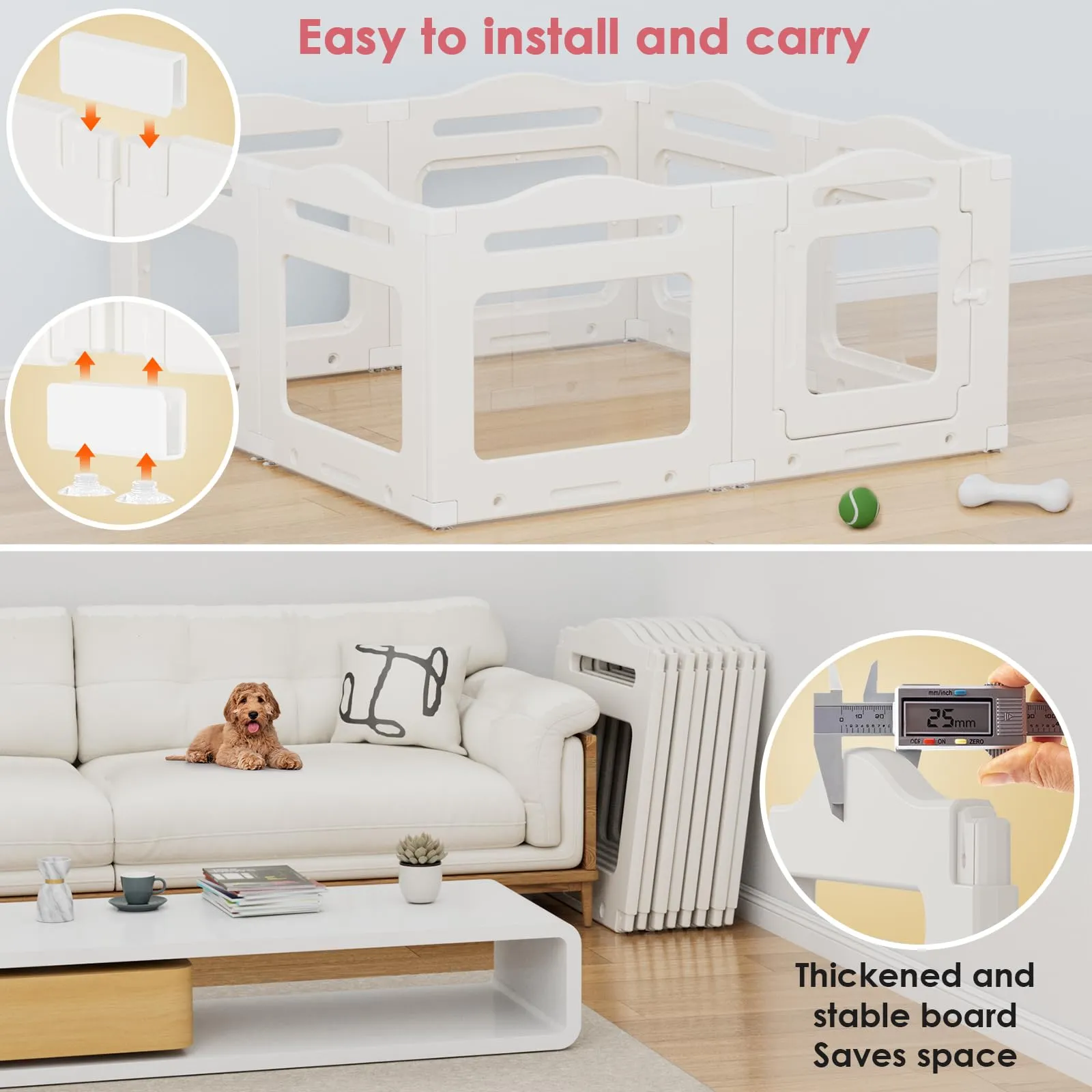 Clevich Recinto per Cani da Interno in Acrilico 129 × 129 × 60 cm, 5 PCS +1 Pannelli con Porta a Chiusura, Recinto per Cani Pieghevole con Ventose, Parco adatto per Appartamento, Bianco - immagine 6