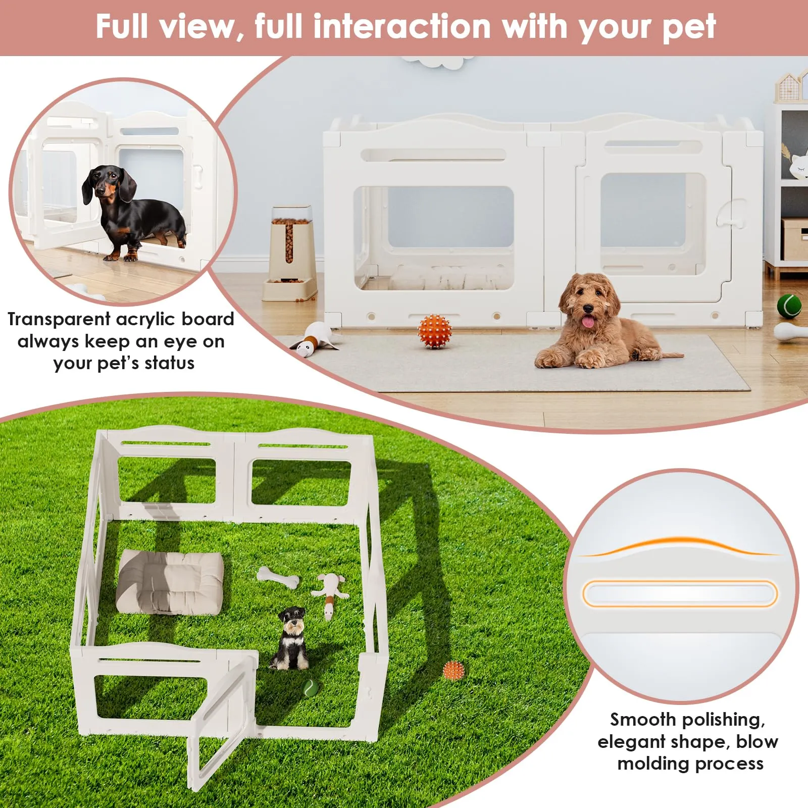 Clevich Recinto per Cani da Interno in Acrilico 129 × 129 × 60 cm, 5 PCS +1 Pannelli con Porta a Chiusura, Recinto per Cani Pieghevole con Ventose, Parco adatto per Appartamento, Bianco - immagine 7