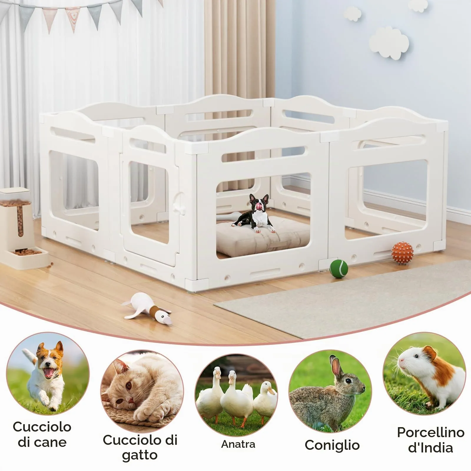 Clevich Recinto per Cani da Interno in Acrilico 129 × 129 × 60 cm, 5 PCS +1 Pannelli con Porta a Chiusura, Recinto per Cani Pieghevole con Ventose, Parco adatto per Appartamento, Bianco - immagine 8