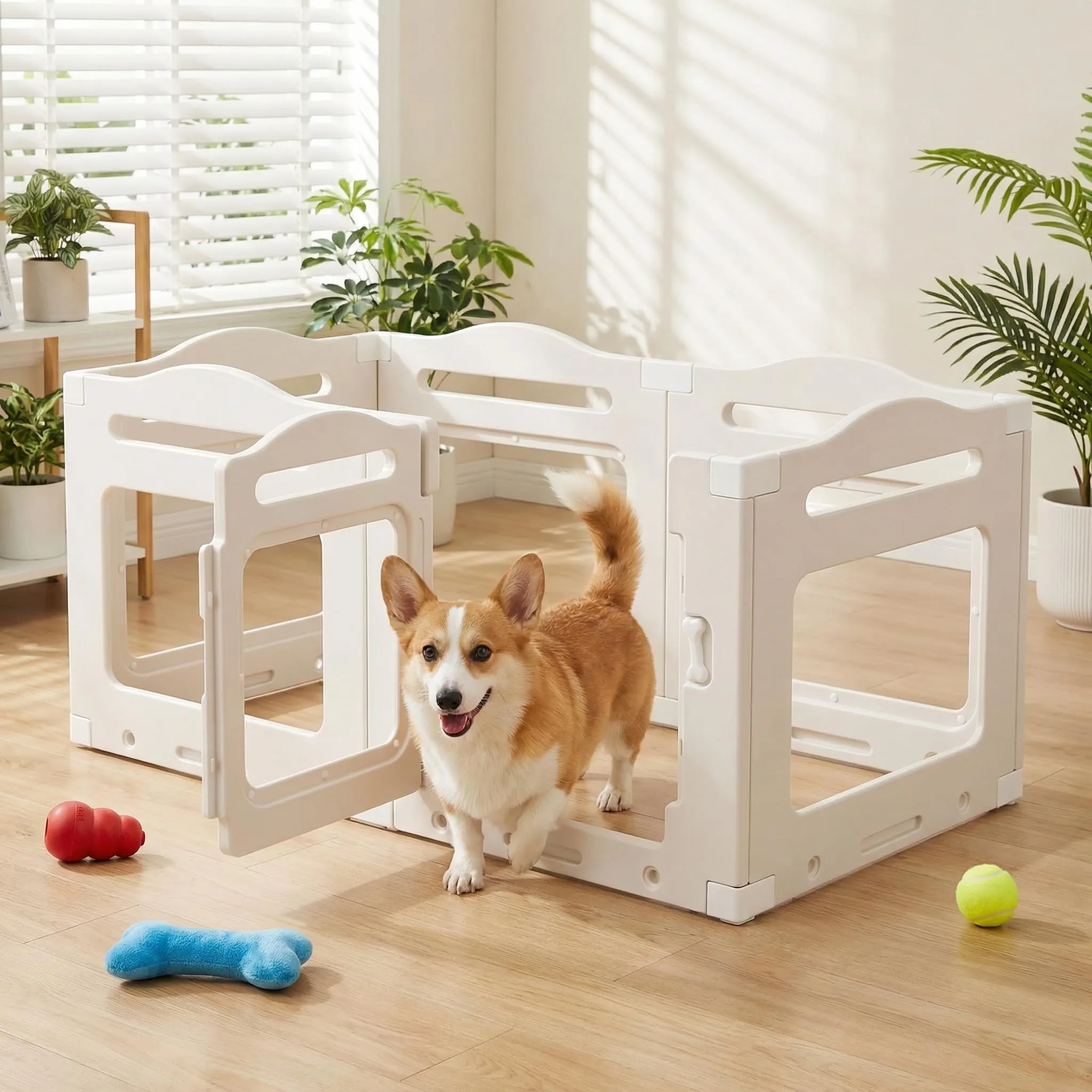 Clevich Recinto per Cani da Interno in Acrilico 129 × 68 × 60 cm, 5 PCS +1 Pannelli con Porta a Chiusura, Recinto per Cani Pieghevole con Ventose, Parco adatto per Appartamento, Bianco - immagine 1