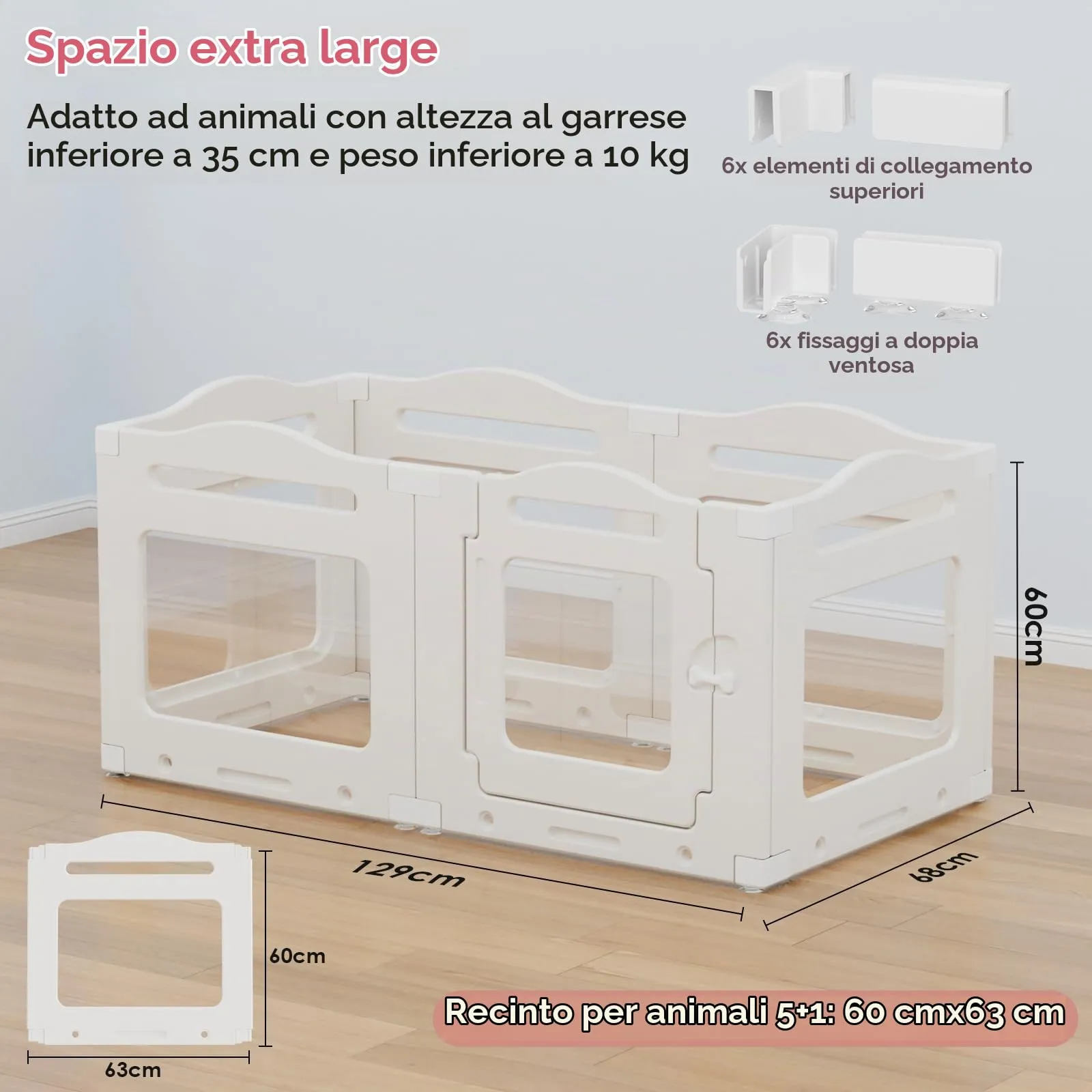 Clevich Recinto per Cani da Interno in Acrilico 129 × 68 × 60 cm, 5 PCS +1 Pannelli con Porta a Chiusura, Recinto per Cani Pieghevole con Ventose, Parco adatto per Appartamento, Bianco - immagine 3