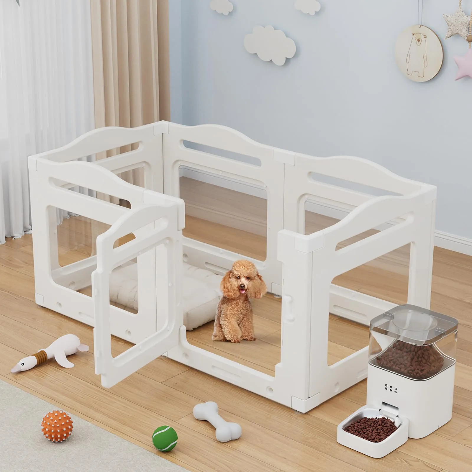 Clevich Recinto per Cani da Interno in Acrilico 129 × 68 × 60 cm, 5 PCS +1 Pannelli con Porta a Chiusura, Recinto per Cani Pieghevole con Ventose, Parco adatto per Appartamento, Bianco - immagine 4