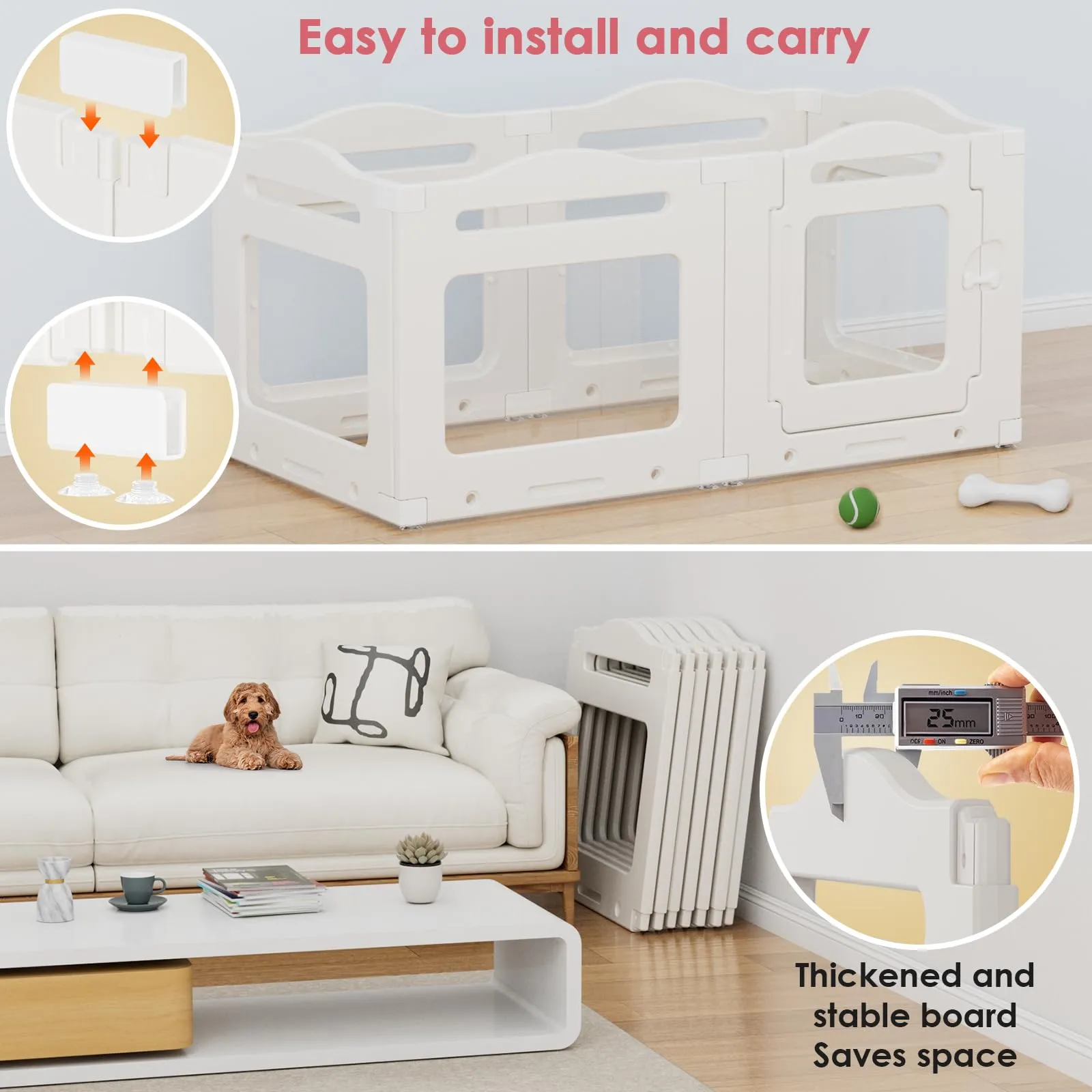 Clevich Recinto per Cani da Interno in Acrilico 129 × 68 × 60 cm, 5 PCS +1 Pannelli con Porta a Chiusura, Recinto per Cani Pieghevole con Ventose, Parco adatto per Appartamento, Bianco - immagine 5