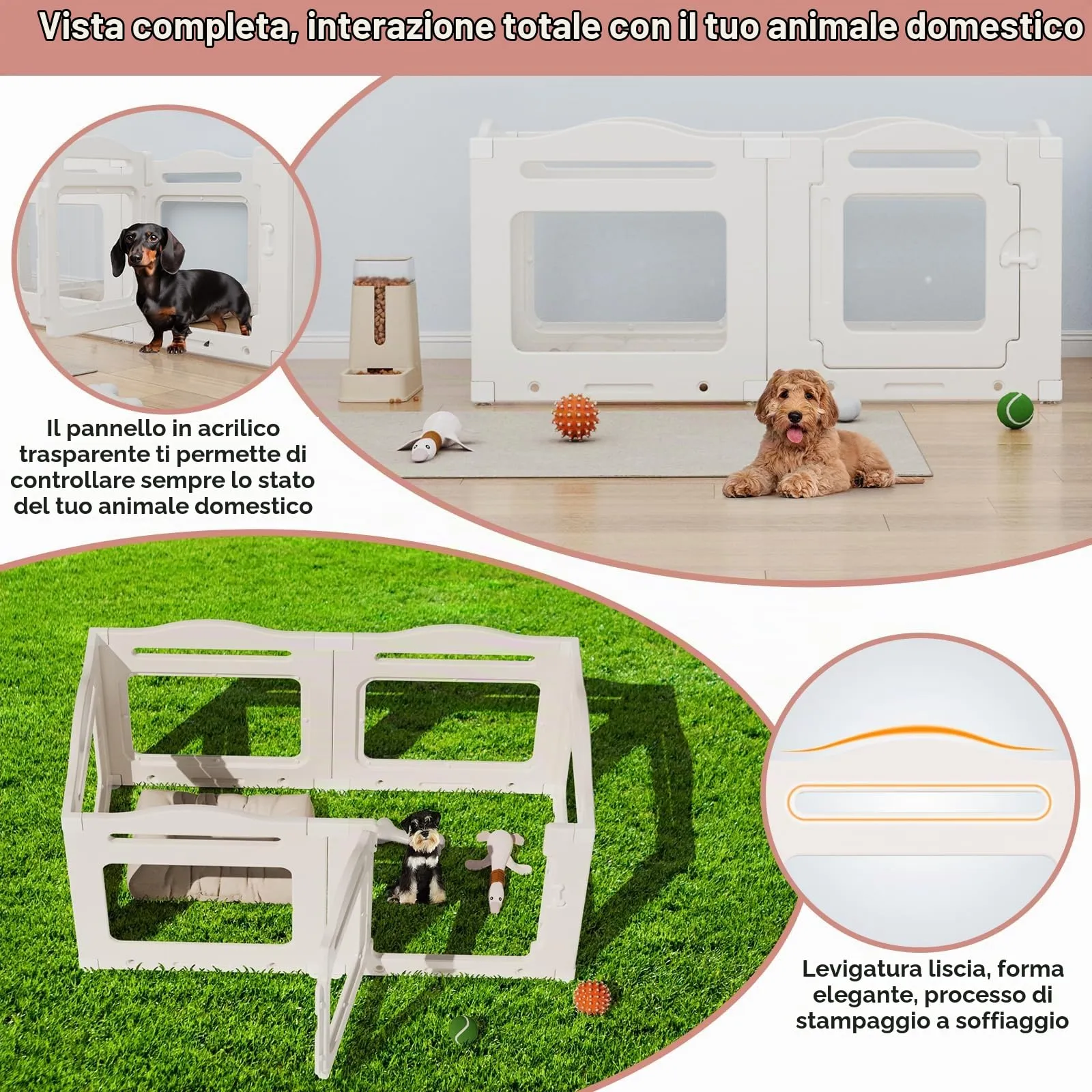 Clevich Recinto per Cani da Interno in Acrilico 129 × 68 × 60 cm, 5 PCS +1 Pannelli con Porta a Chiusura, Recinto per Cani Pieghevole con Ventose, Parco adatto per Appartamento, Bianco - immagine 7