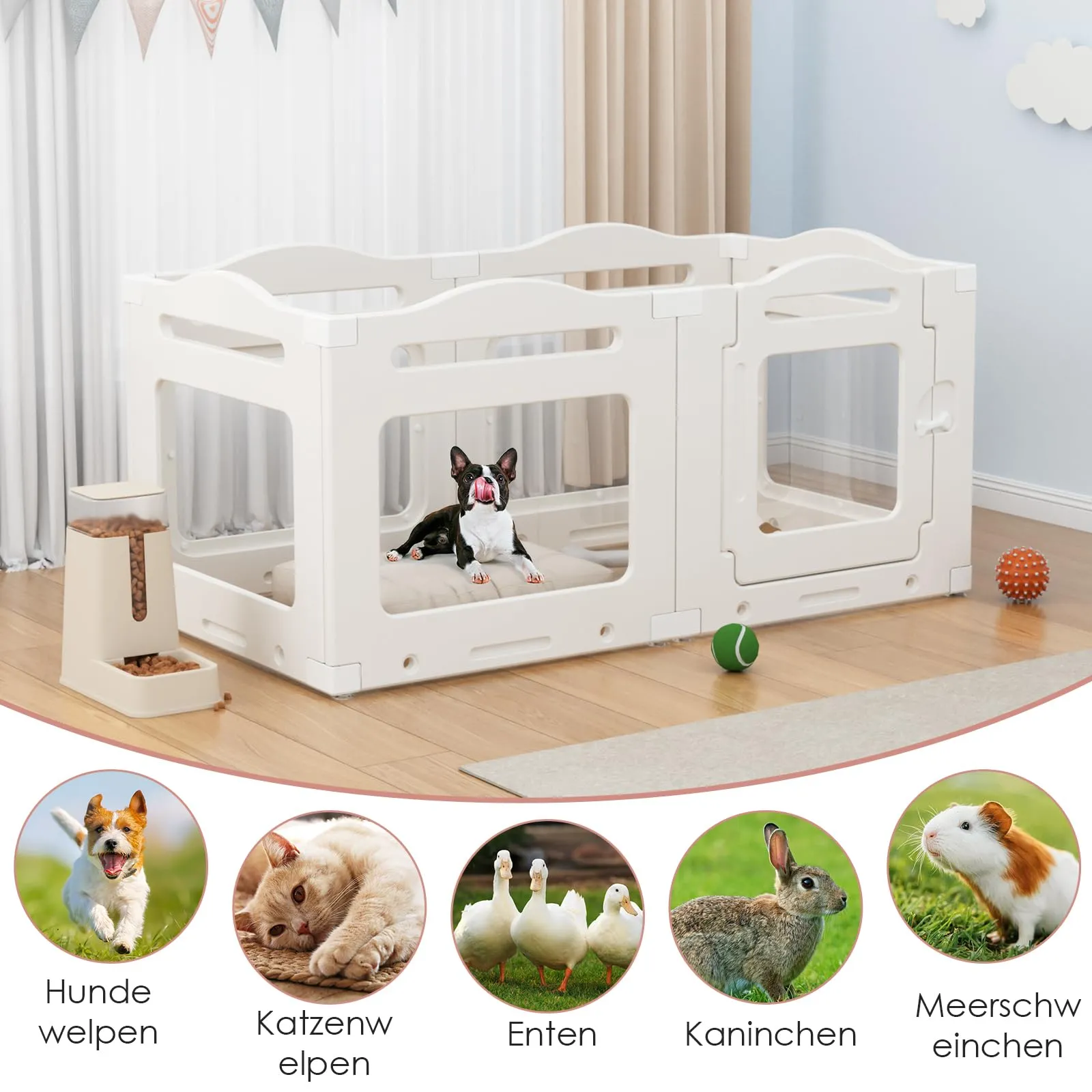 Clevich Recinto per Cani da Interno in Acrilico 129 × 68 × 60 cm, 5 PCS +1 Pannelli con Porta a Chiusura, Recinto per Cani Pieghevole con Ventose, Parco adatto per Appartamento, Bianco - immagine 8