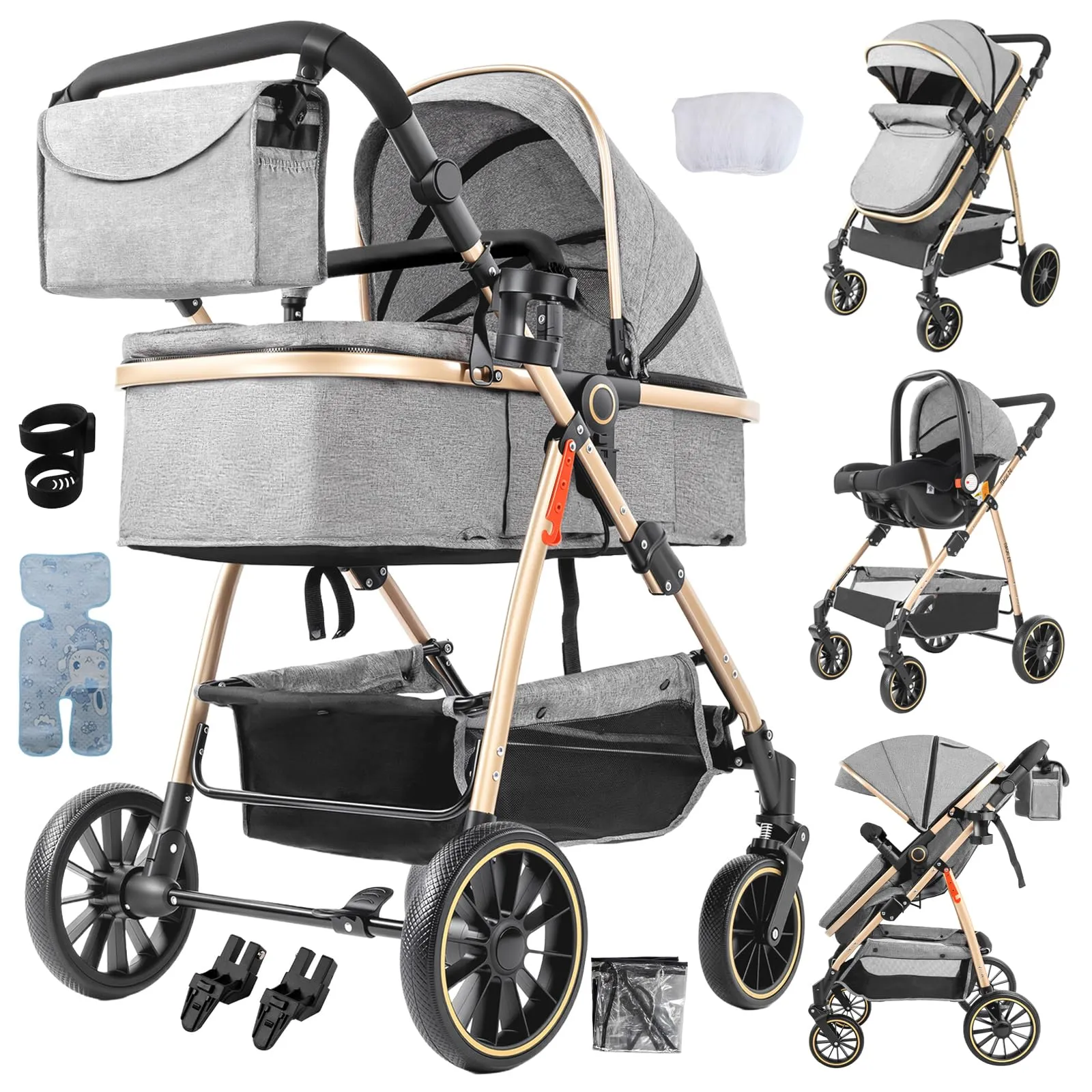 Reenborn Passeggino Trio, Passeggino 3 in 1 con Due Modi Reversibili Spingere, Trio Neonati con Design Pieghevole in Un Clic, Telaio Alluminio Paesaggistico Alto (V8 Grey) - immagine 1