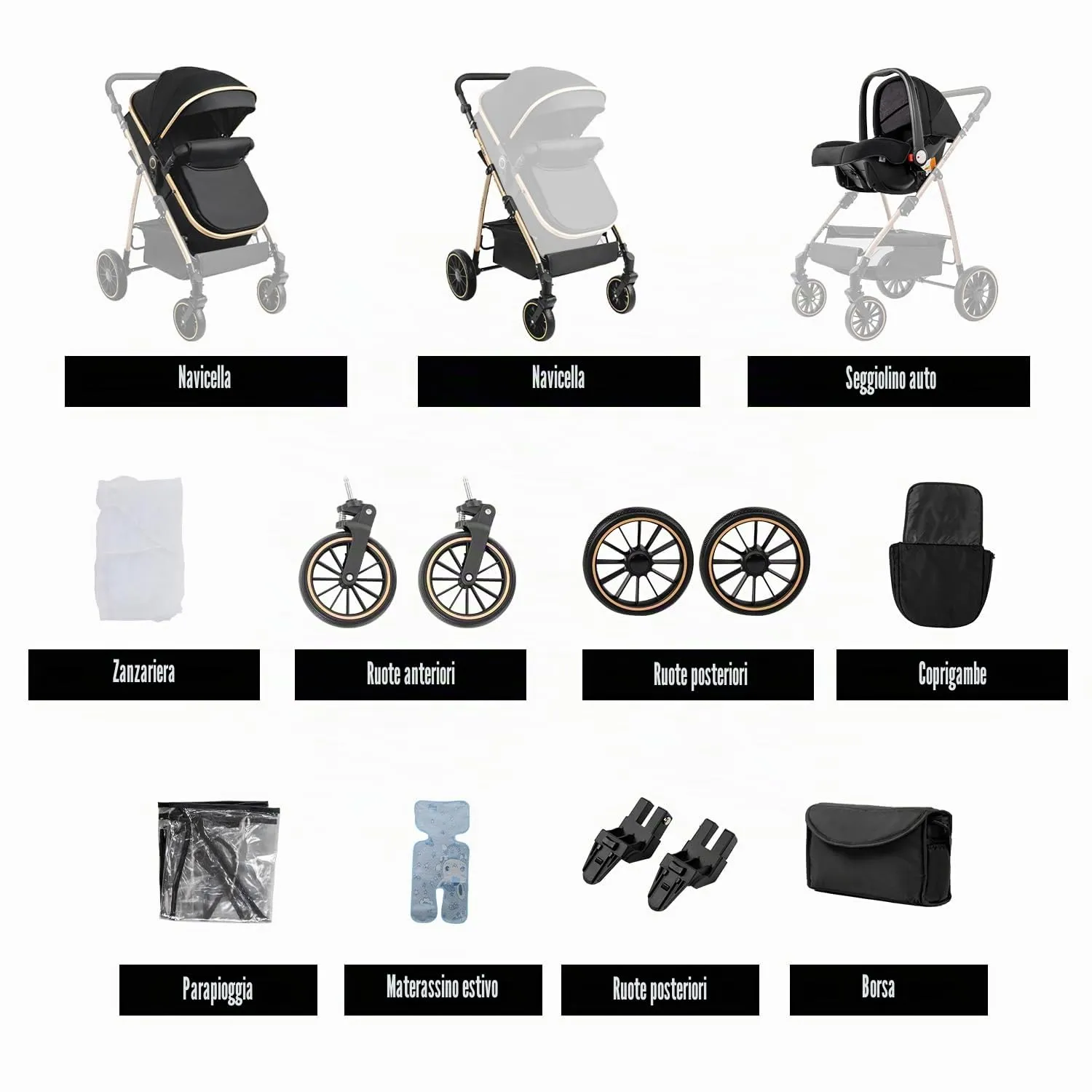 Reenborn Passeggino Trio, Passeggino 3 in 1 con Due Modi Reversibili Spingere, Trio Neonati con Design Pieghevole in Un Clic, Telaio Alluminio Paesaggistico Alto (V8 Grey) - immagine 2