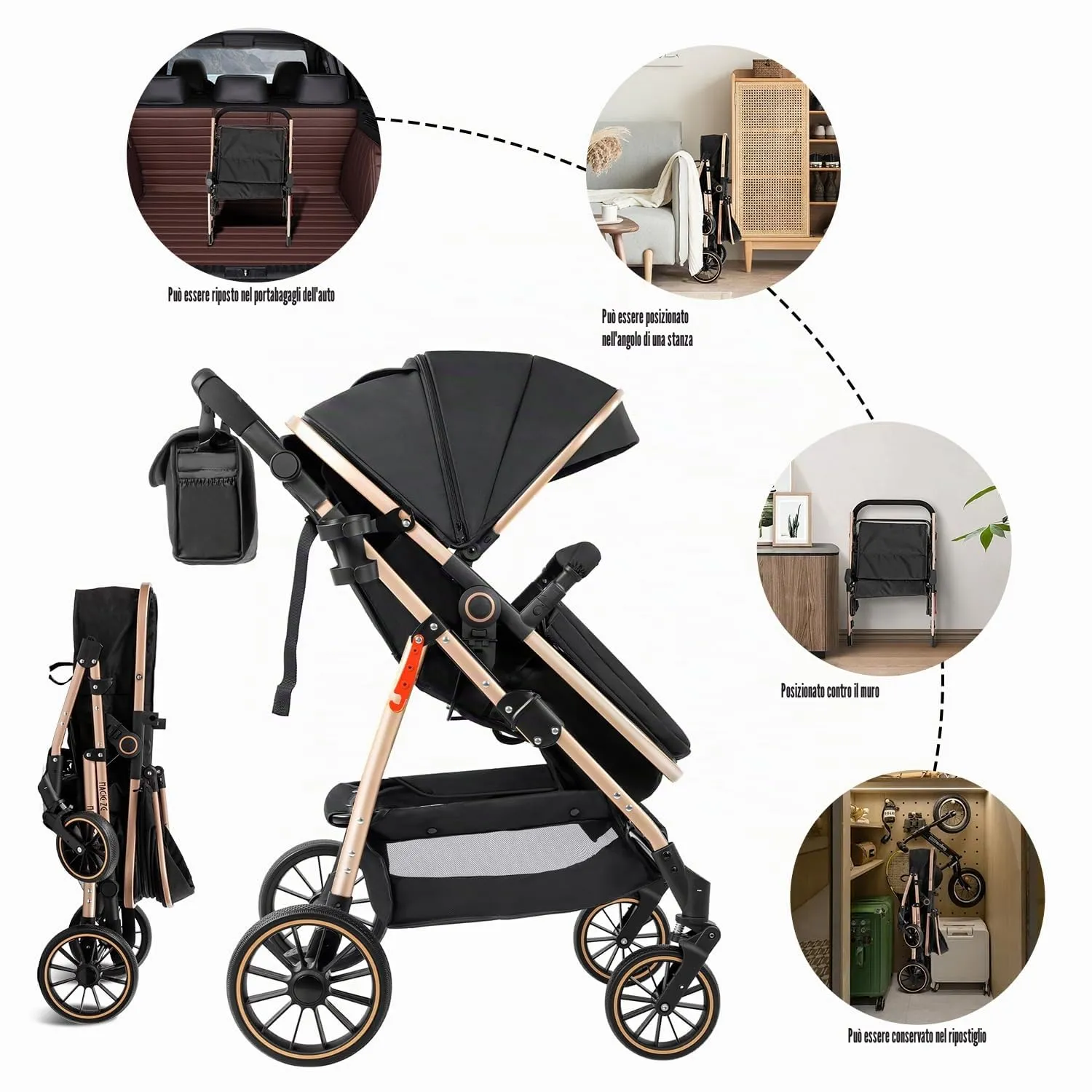 Reenborn Passeggino Trio, Passeggino 3 in 1 con Due Modi Reversibili Spingere, Trio Neonati con Design Pieghevole in Un Clic, Telaio Alluminio Paesaggistico Alto (V8 Grey) - immagine 3