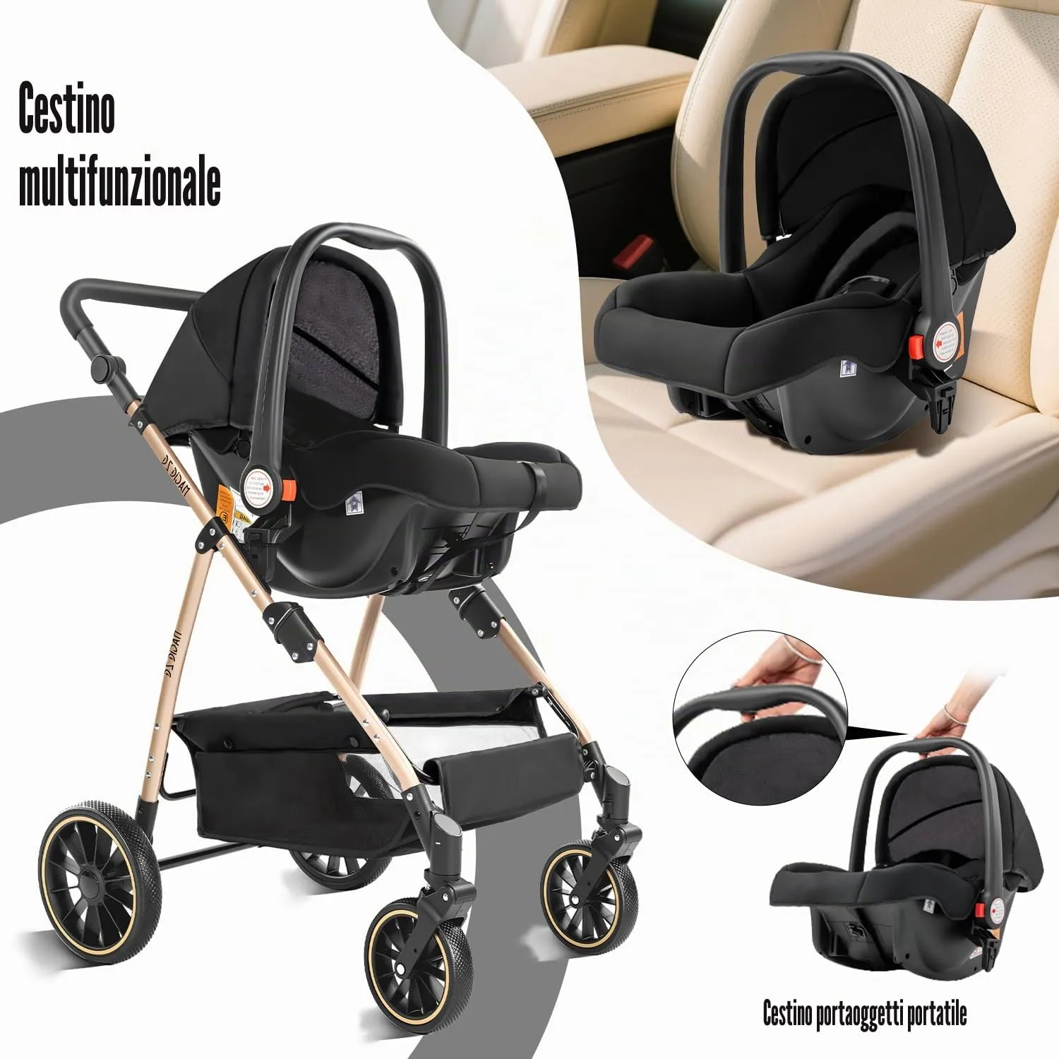 Reenborn Passeggino Trio, Passeggino 3 in 1 con Due Modi Reversibili Spingere, Trio Neonati con Design Pieghevole in Un Clic, Telaio Alluminio Paesaggistico Alto (V8 Khaki) - immagine 5