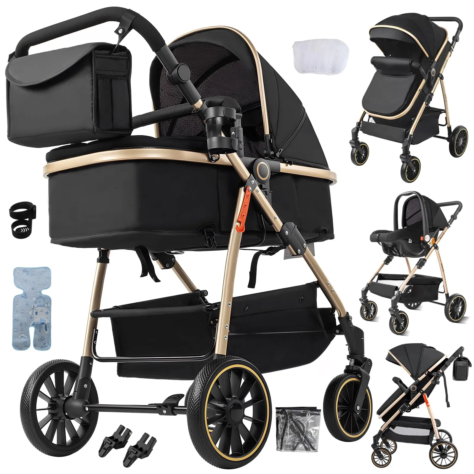 Reenborn Passeggino Trio, Passeggino 3 in 1 con Due Modi Reversibili Spingere, Trio Neonati con Design Pieghevole in Un Clic, Telaio Alluminio Paesaggistico Alto (V8 Black Gold) - immagine 1