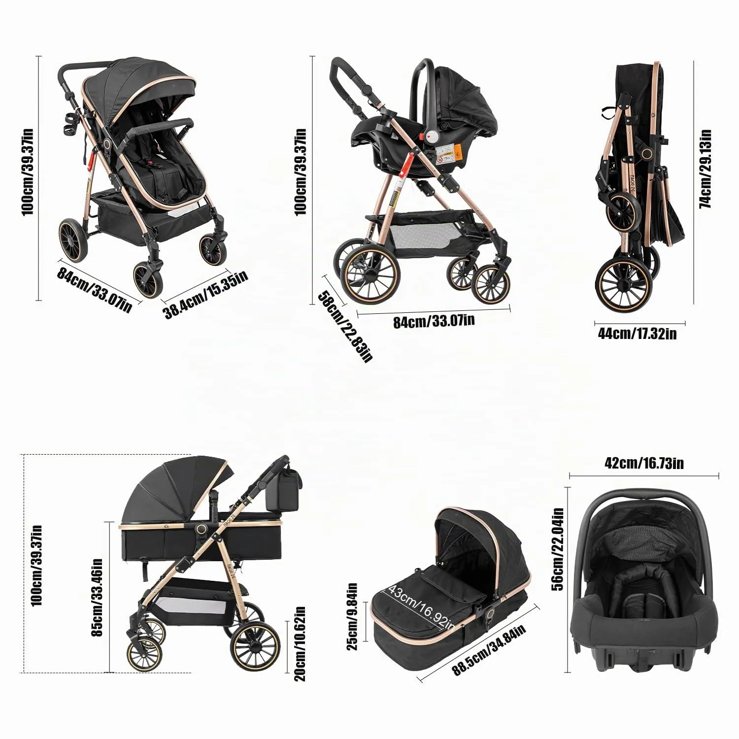 Reenborn Passeggino Trio, Passeggino 3 in 1 con Due Modi Reversibili Spingere, Trio Neonati con Design Pieghevole in Un Clic, Telaio Alluminio Paesaggistico Alto (V8 Black) - immagine 6