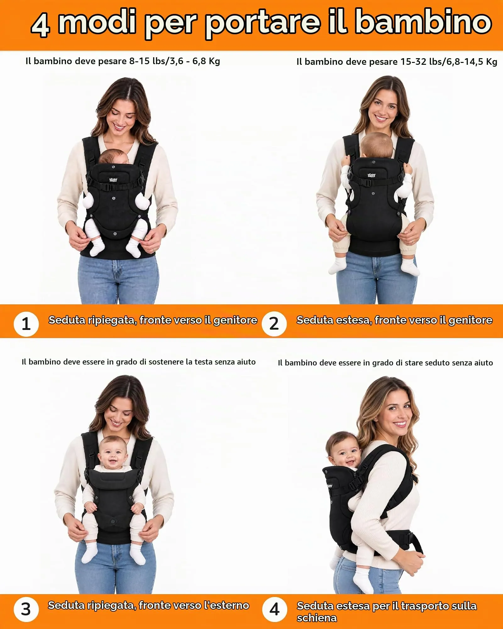 4-in-1 Misto Cotone Marsupio Neonato 0-36 Mesi (3,6-14,5 kg), Nero - immagine 2