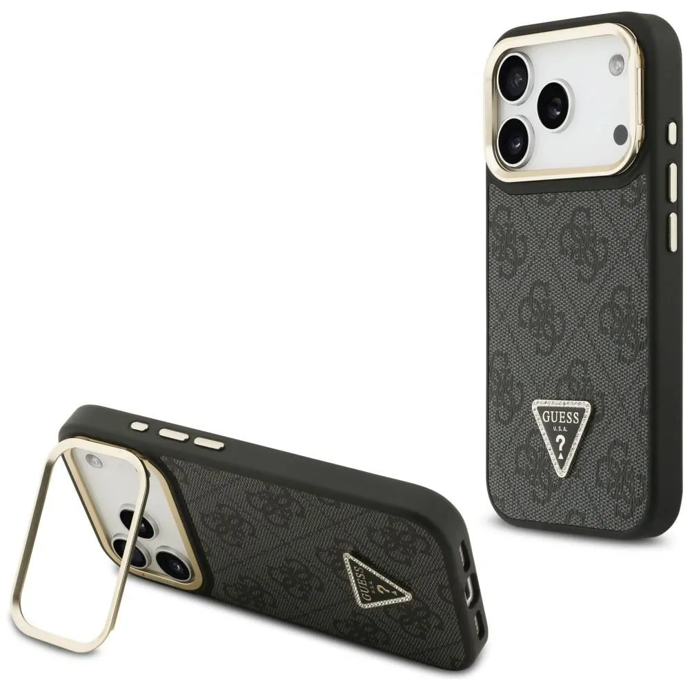 Custodia MagSafe per Apple iPhone 17 Pro Max, Guess, 4G Triangle Logo with Stand Camera, Nera Dorata - immagine 1