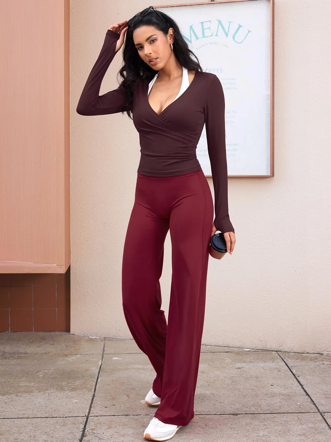 ZAAYO - Pantaloni da yoga senza cuciture da donna, leggings dritti a vita alta, leggings a zampa sportivi da yoga, leggings da donna opachi, pantaloni a sigaretta, L/largo - immagine 3