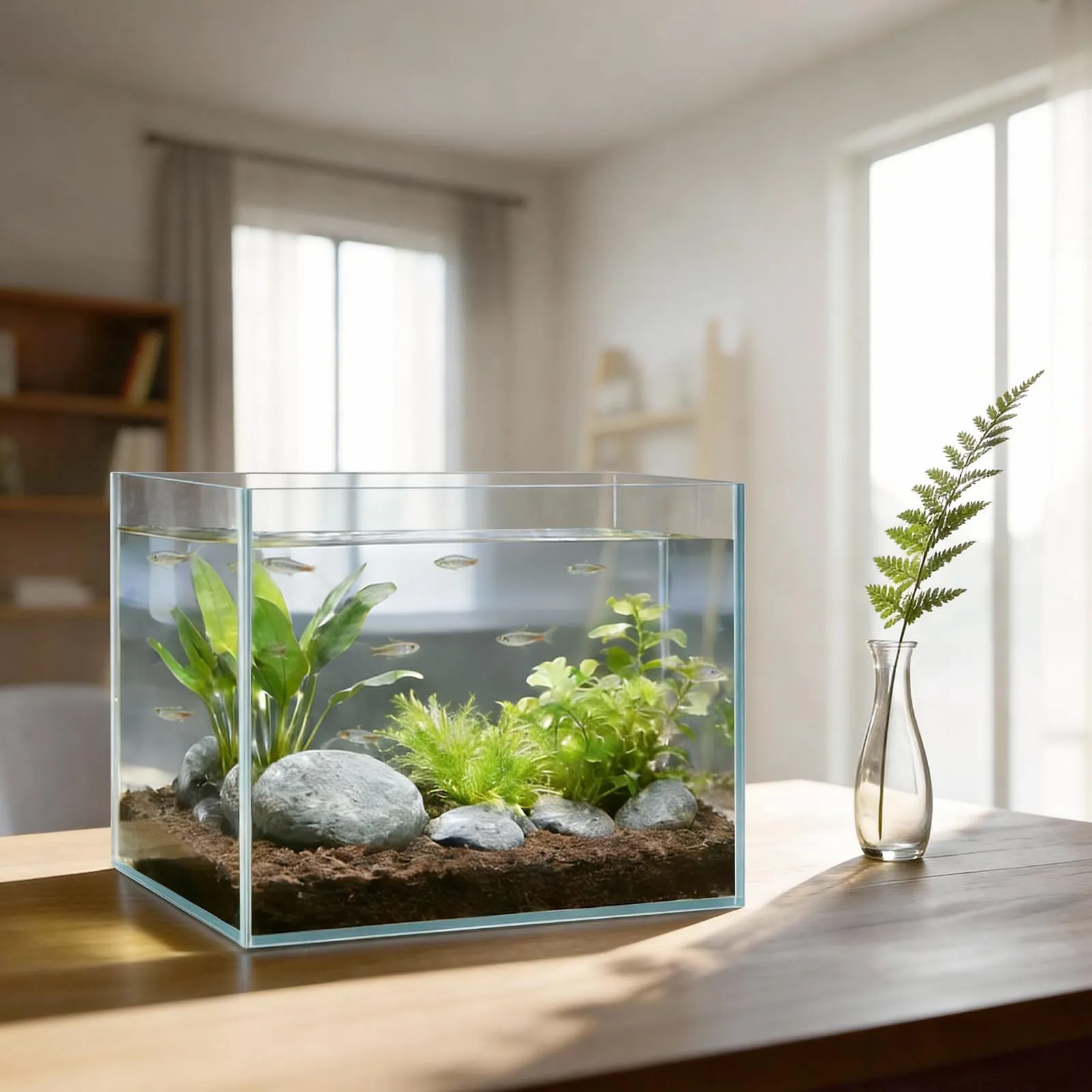 LAQUAL Kit acquario da 7.6 L con rete, sifone per acqua & 2 panni pulizia, vetro cristallino, piccolo acquario per Betta & pesci rossi, bella decorazione casa - immagine 2