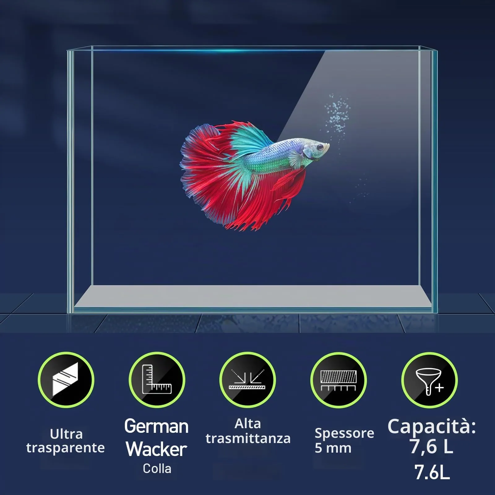 LAQUAL Kit acquario da 7.6 L con rete, sifone per acqua & 2 panni pulizia, vetro cristallino, piccolo acquario per Betta & pesci rossi, bella decorazione casa - immagine 3