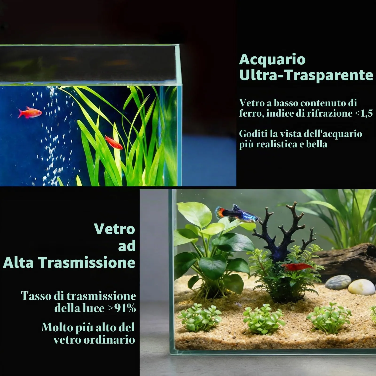 LAQUAL Kit acquario da 7.6 L con rete, sifone per acqua & 2 panni pulizia, vetro cristallino, piccolo acquario per Betta & pesci rossi, bella decorazione casa - immagine 4