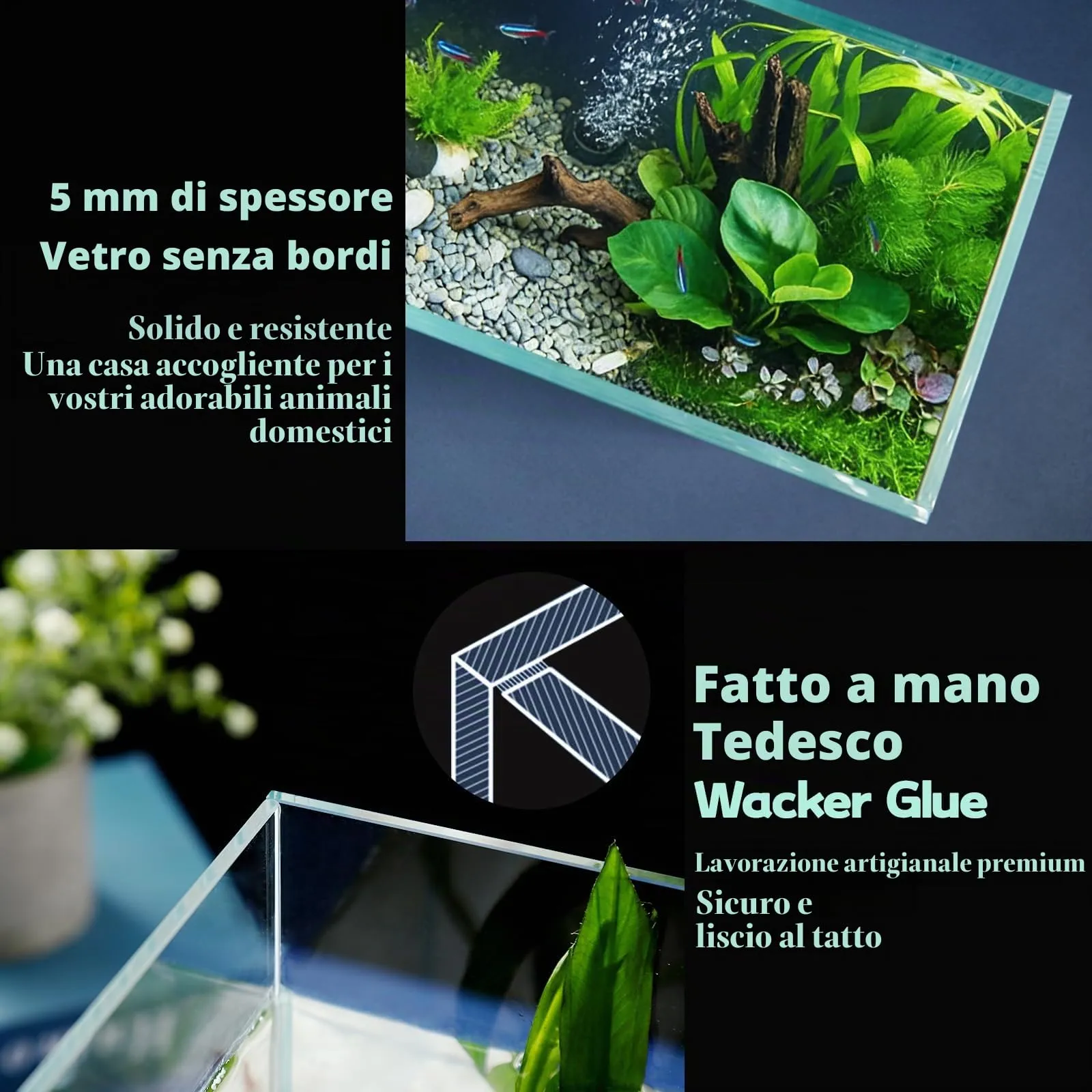 LAQUAL Kit acquario da 7.6 L con rete, sifone per acqua & 2 panni pulizia, vetro cristallino, piccolo acquario per Betta & pesci rossi, bella decorazione casa - immagine 5