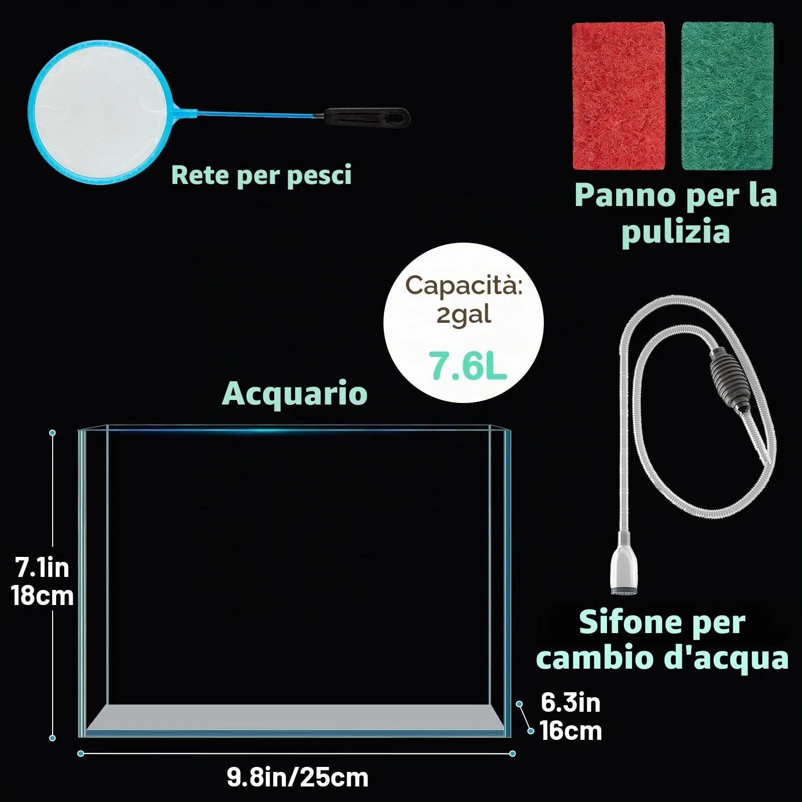 LAQUAL Kit acquario da 7.6 L con rete, sifone per acqua & 2 panni pulizia, vetro cristallino, piccolo acquario per Betta & pesci rossi, bella decorazione casa - immagine 6