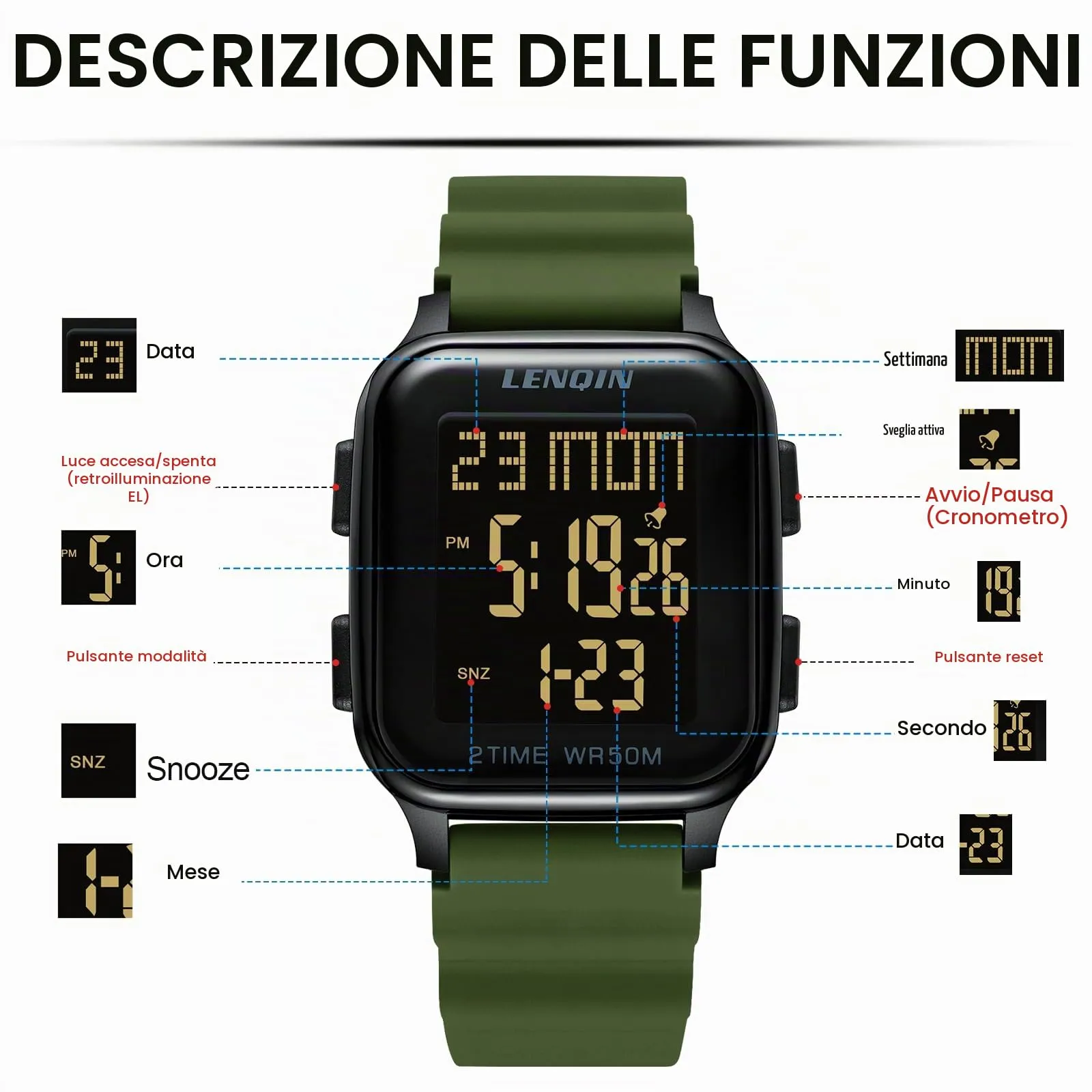 LN LENQIN Orologio Uomo Digitale Impermeabile Sportivo LED Cronometro - immagine 6