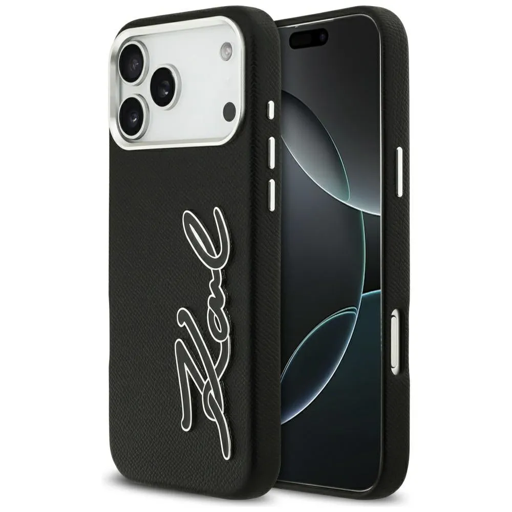 Custodia per Apple iPhone 17 Pro Max, Karl Lagerfeld, FW Grained Signature Logo, Nera - immagine 1