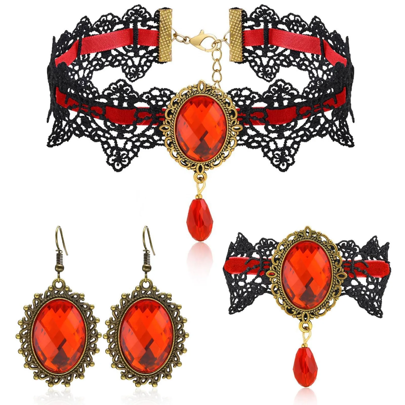 Gotico Gioielli Set, Set di Gioielli da Vampiro Gotico, Girocollo Pizzo Nero Gotico, Con braccialetti e orecchini pendenti, accessori da strega steampunk, per Halloween Carnevale Vampira Cosplay (B) - immagine 1