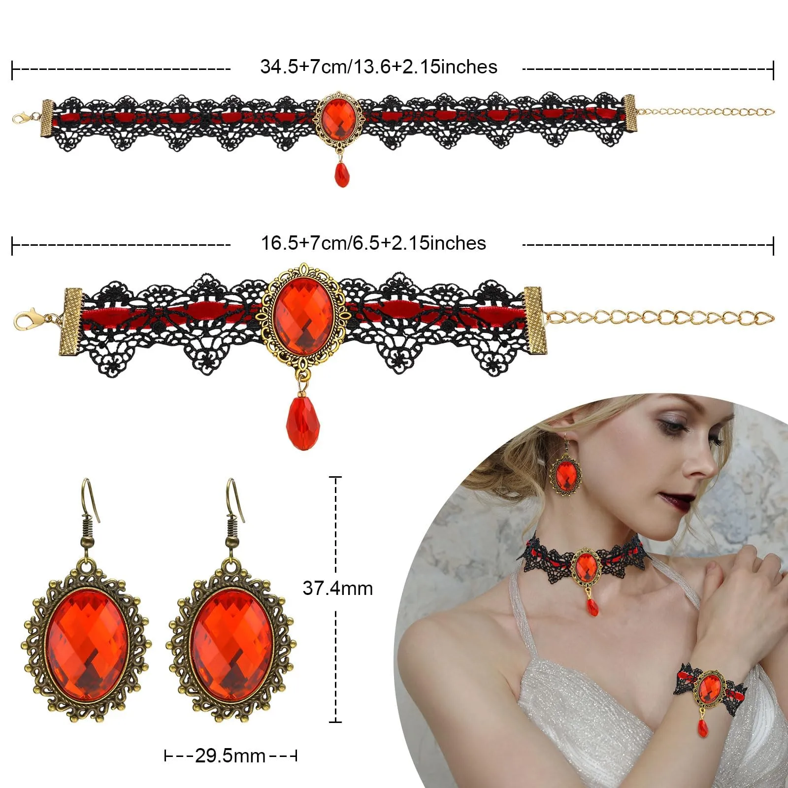 Gotico Gioielli Set, Set di Gioielli da Vampiro Gotico, Girocollo Pizzo Nero Gotico, Con braccialetti e orecchini pendenti, accessori da strega steampunk, per Halloween Carnevale Vampira Cosplay (B) - immagine 2