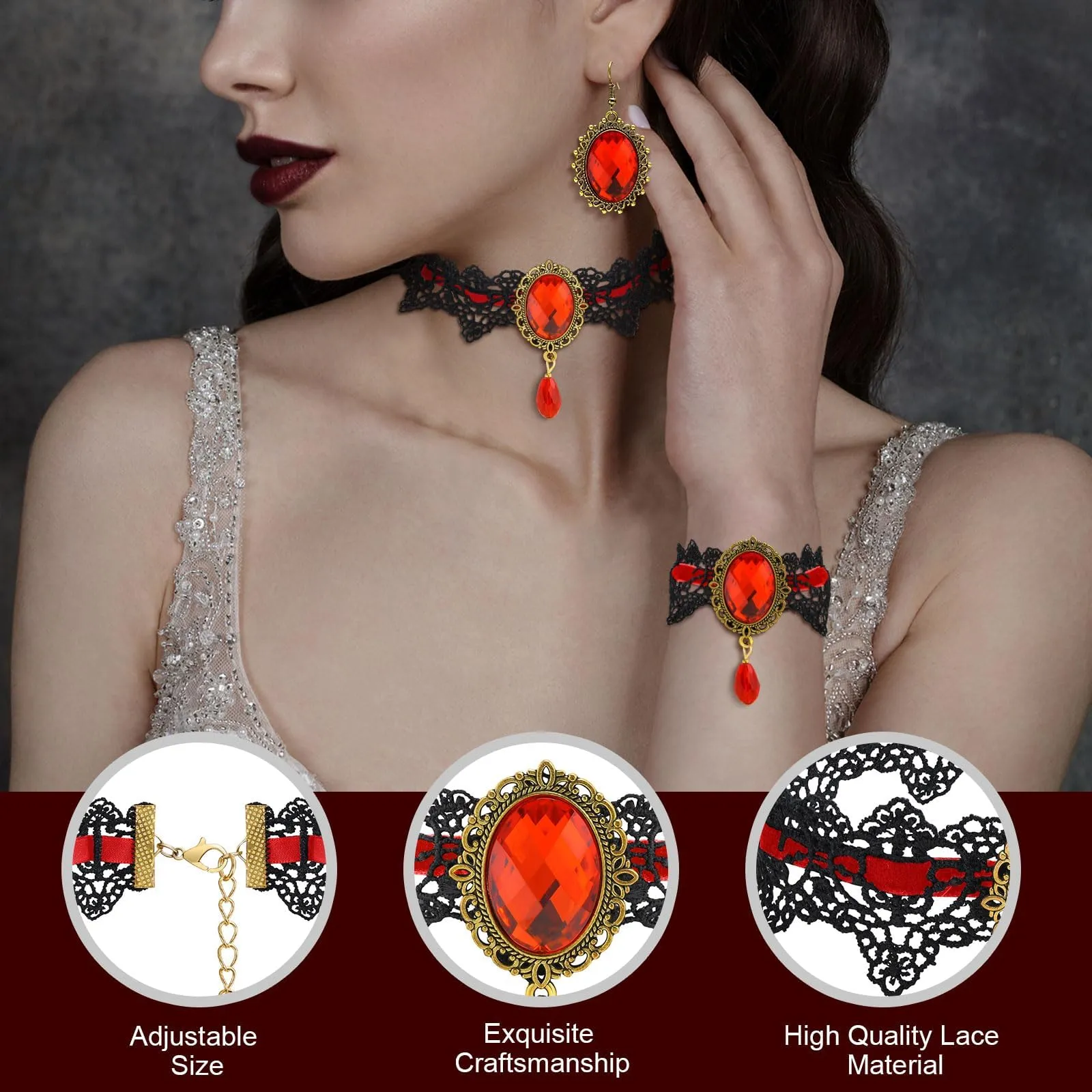 Gotico Gioielli Set, Set di Gioielli da Vampiro Gotico, Girocollo Pizzo Nero Gotico, Con braccialetti e orecchini pendenti, accessori da strega steampunk, per Halloween Carnevale Vampira Cosplay (B) - immagine 3