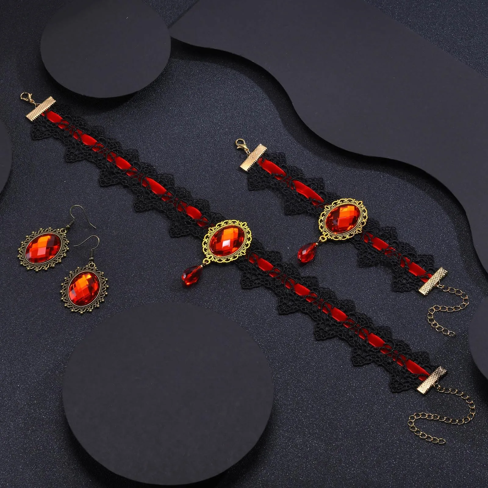 Gotico Gioielli Set, Set di Gioielli da Vampiro Gotico, Girocollo Pizzo Nero Gotico, Con braccialetti e orecchini pendenti, accessori da strega steampunk, per Halloween Carnevale Vampira Cosplay (B) - immagine 4