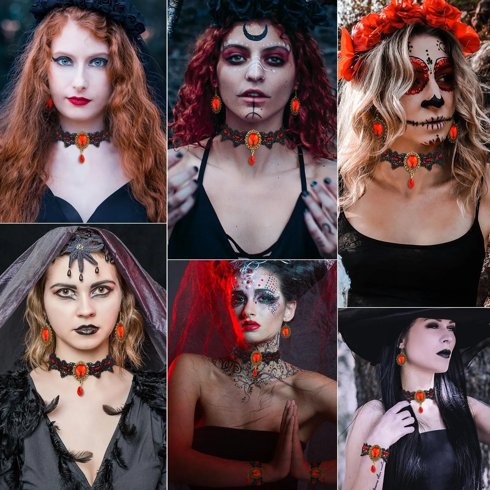Gotico Gioielli Set, Set di Gioielli da Vampiro Gotico, Girocollo Pizzo Nero Gotico, Con braccialetti e orecchini pendenti, accessori da strega steampunk, per Halloween Carnevale Vampira Cosplay (B) - immagine 5