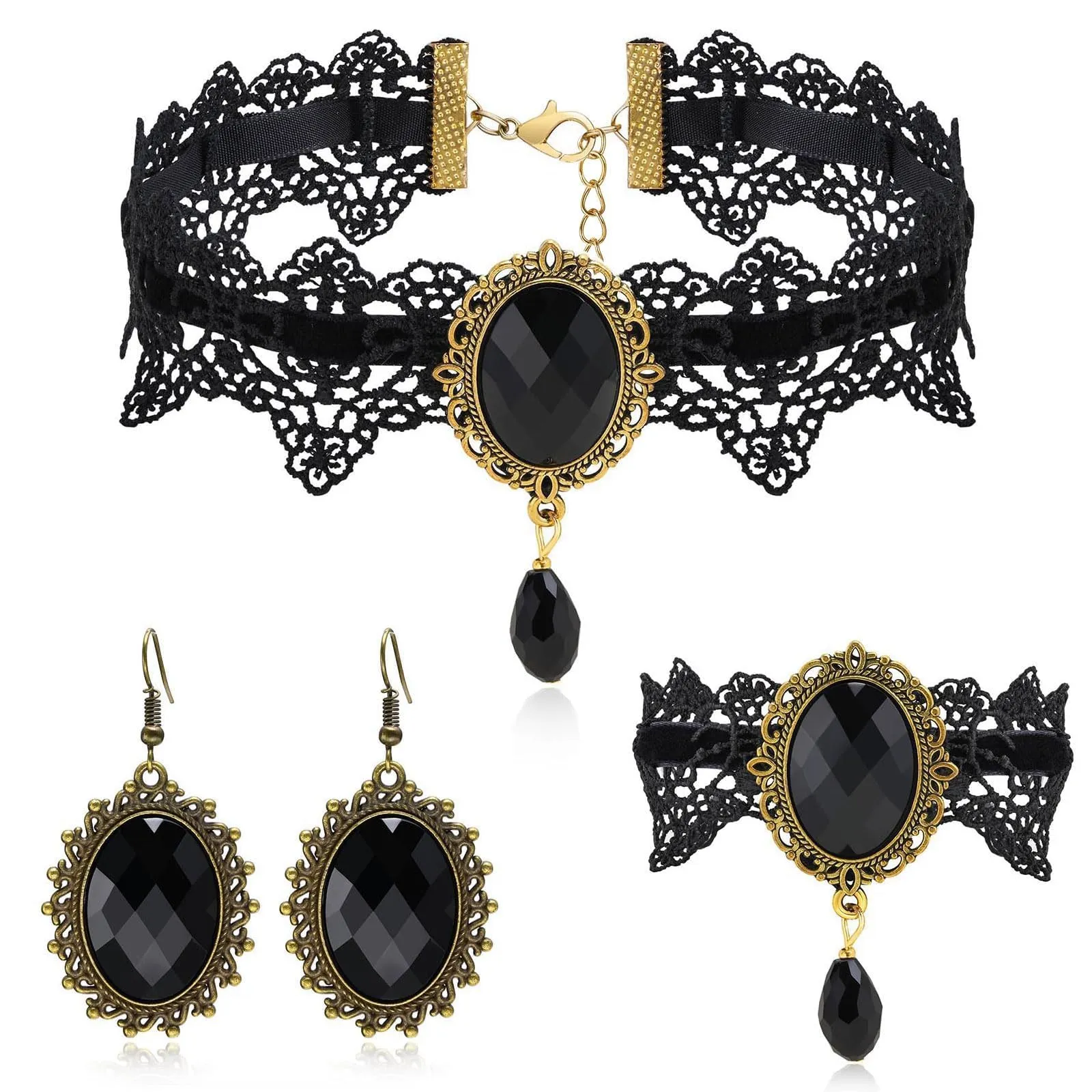 Gotico Gioielli Set, Set di Gioielli da Vampiro Gotico, Girocollo Pizzo Nero Gotico, Con braccialetti e orecchini pendenti, accessori da strega steampunk, per Halloween Carnevale Vampira Cosplay (A) - immagine 1