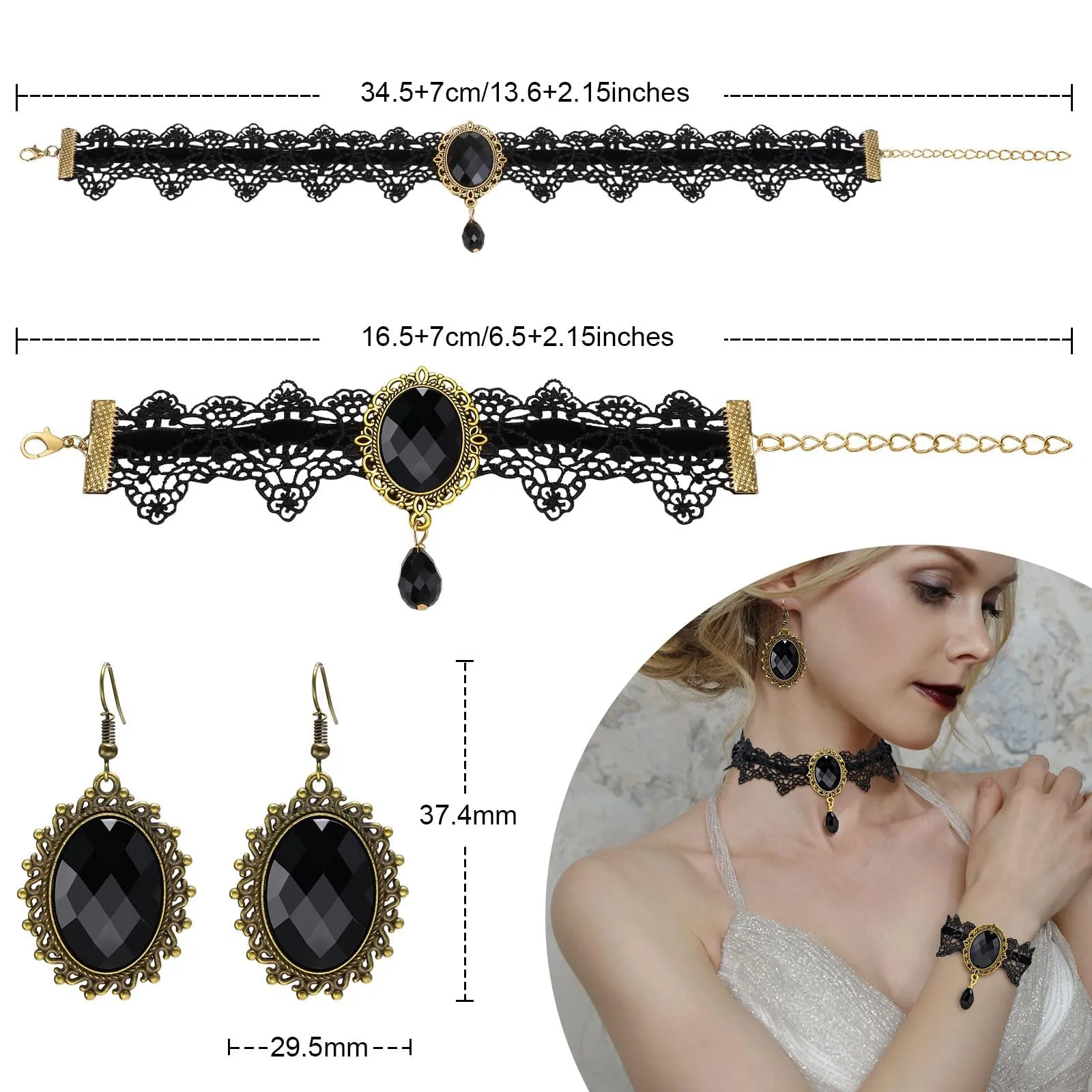Gotico Gioielli Set, Set di Gioielli da Vampiro Gotico, Girocollo Pizzo Nero Gotico, Con braccialetti e orecchini pendenti, accessori da strega steampunk, per Halloween Carnevale Vampira Cosplay (A) - immagine 2