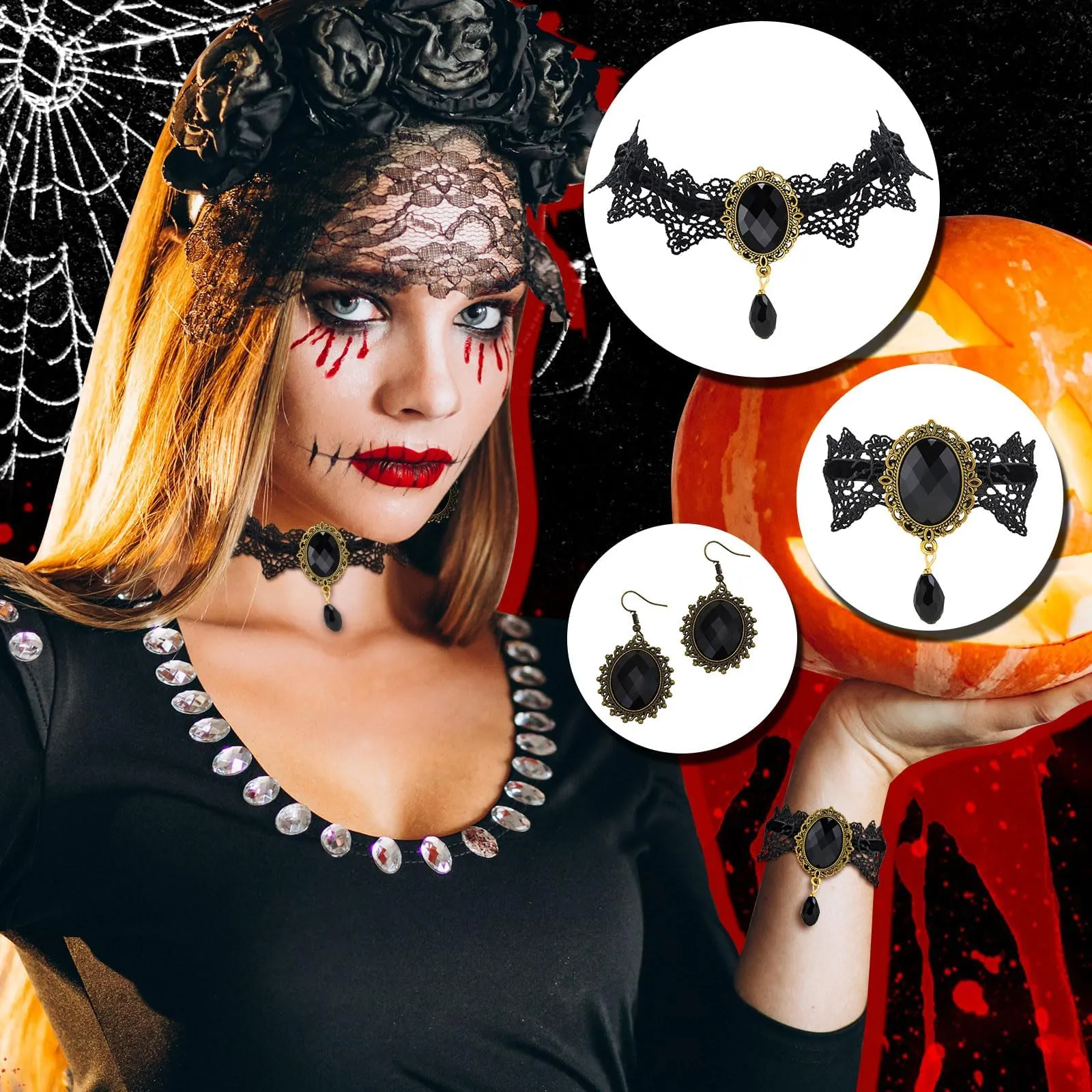 Gotico Gioielli Set, Set di Gioielli da Vampiro Gotico, Girocollo Pizzo Nero Gotico, Con braccialetti e orecchini pendenti, accessori da strega steampunk, per Halloween Carnevale Vampira Cosplay (A) - immagine 3