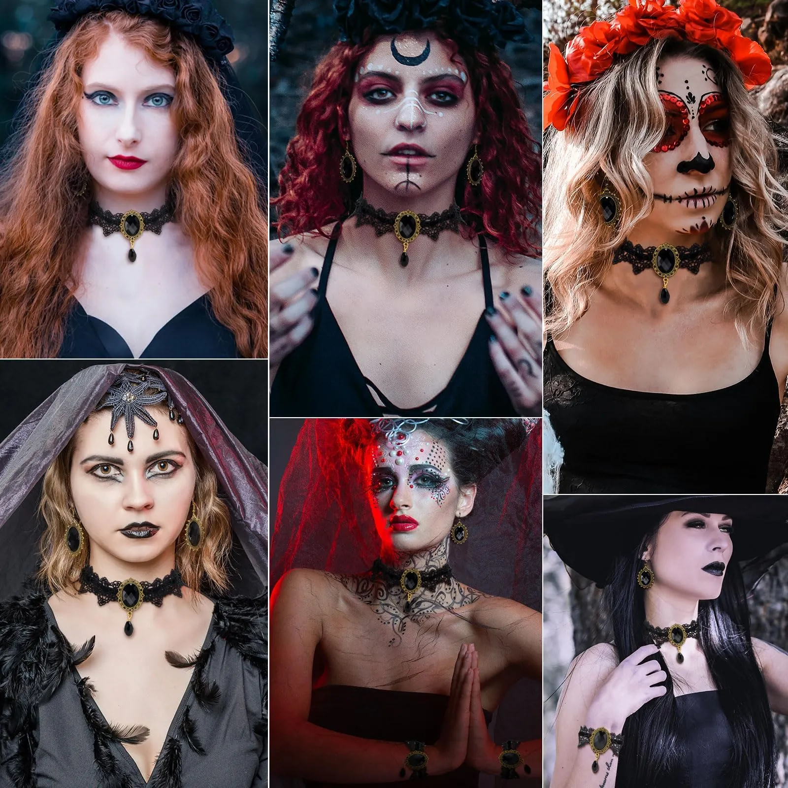 Gotico Gioielli Set, Set di Gioielli da Vampiro Gotico, Girocollo Pizzo Nero Gotico, Con braccialetti e orecchini pendenti, accessori da strega steampunk, per Halloween Carnevale Vampira Cosplay (A) - immagine 5