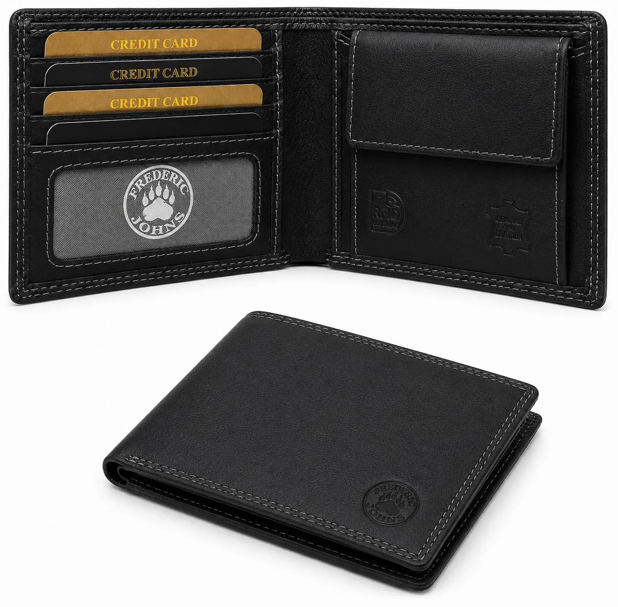 Frédéric Johns Portafoglio Uomo Vera Pelle Stile Vintage con Protezione RFID - Portafoglio Elegante e Resistente (Nero) - immagine 2