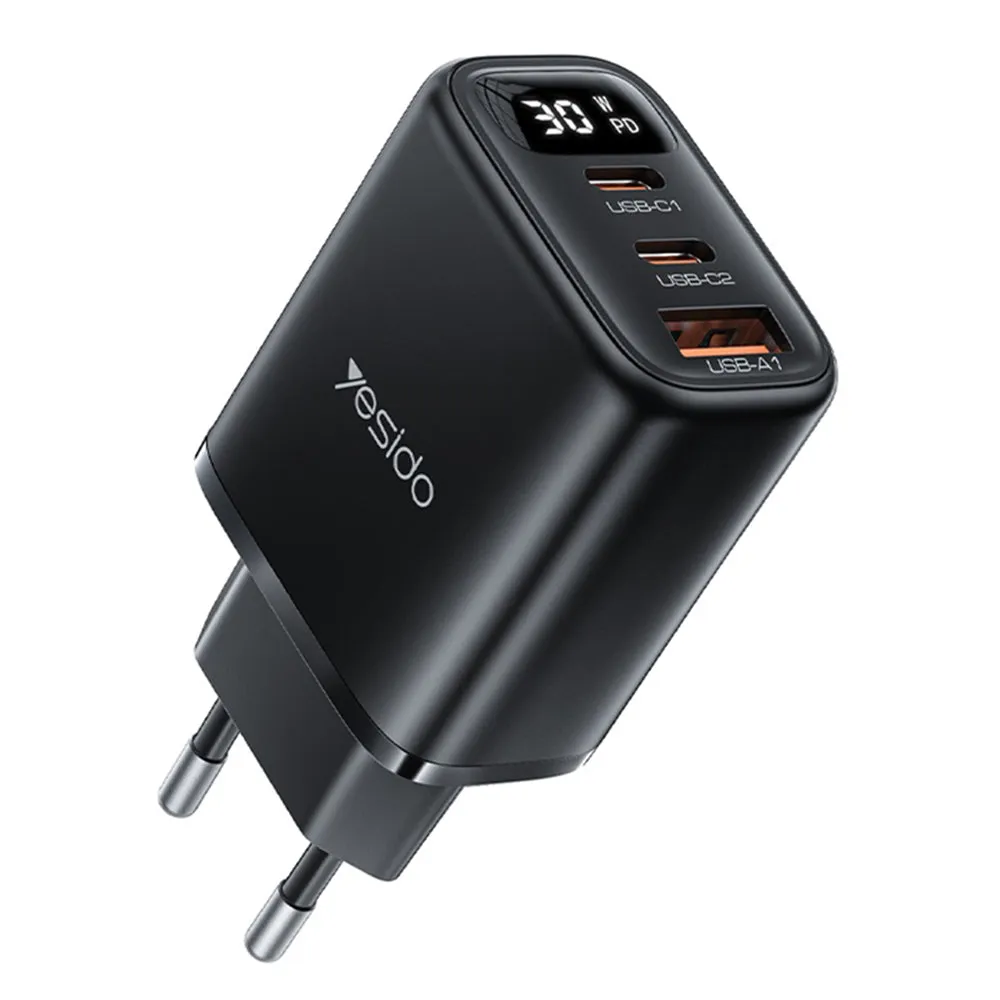 Caricabatterie Rete Yesido YC69 Display, 30W, 3A, 1 x USB-A - 2 x USB-C, Nero - immagine 1