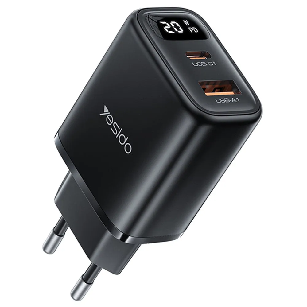 Caricabatterie Rete Yesido YC68, Display 20W, 3A, 1 x USB-A - 1 x USB-C, Nero - immagine 1