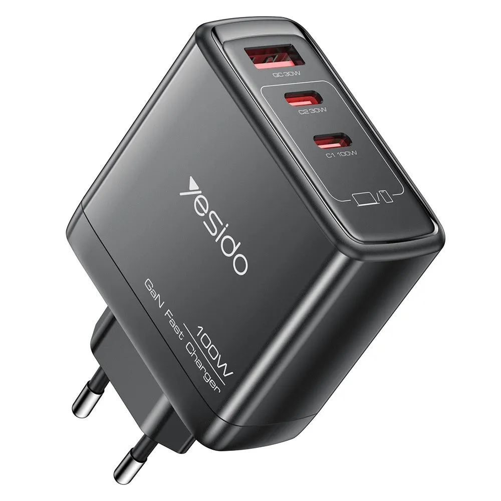 Caricabatterie Rete Yesido YC142, 100W, 5A, 1 x USB-A - 2 x USB-C, Nero - immagine 1