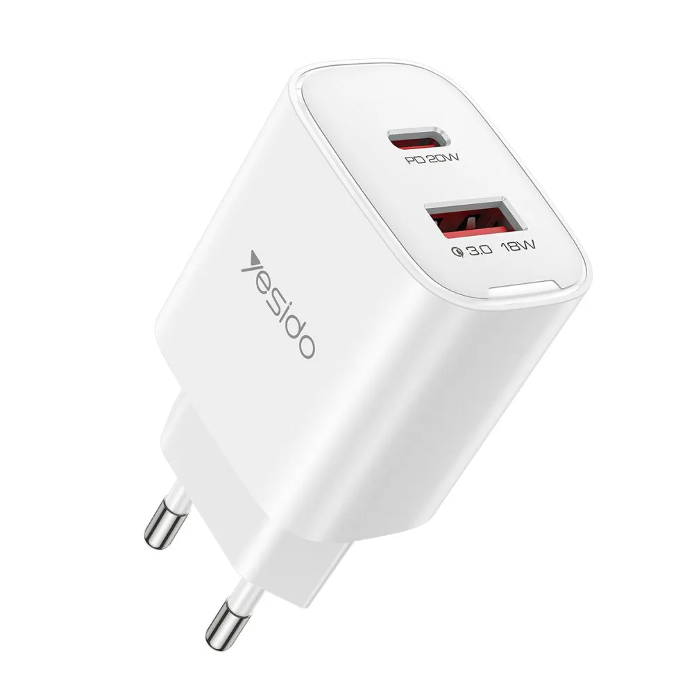 Caricabatterie Rete Yesido YC02E, 20W, 3A, 1 x USB-A - 1 x USB-C, Bianco - immagine 1