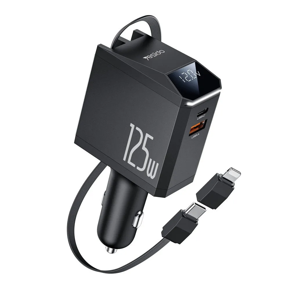 Caricabatterie Auto con Cavo USB-C / Lightning Yesido Y71 Display, 125W, 3A, 1 x USB-A - 1 x USB-C, Nero - immagine 1