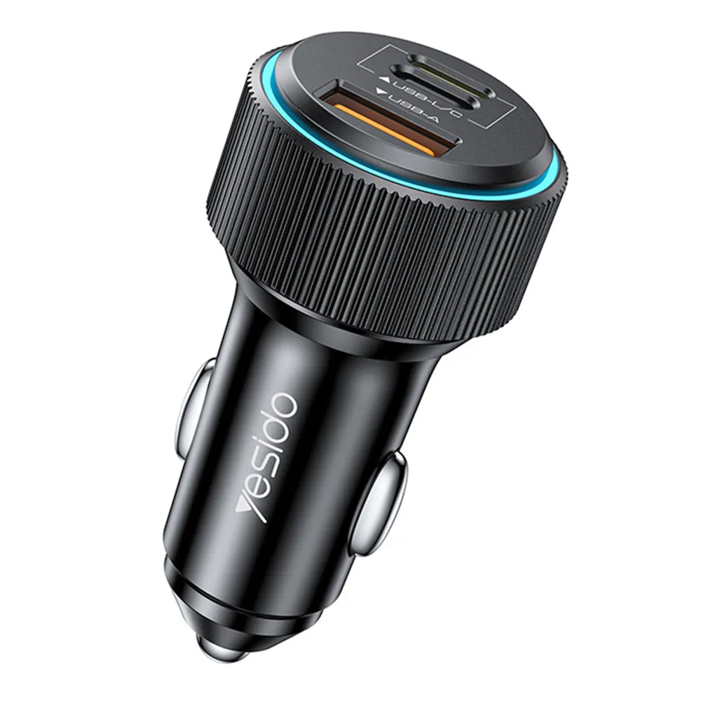 Caricabatterie Auto con Cavo Lightning Yesido Y60, 38W, 3A, 1 x USB-A - 2 x USB-C, Nero - immagine 1