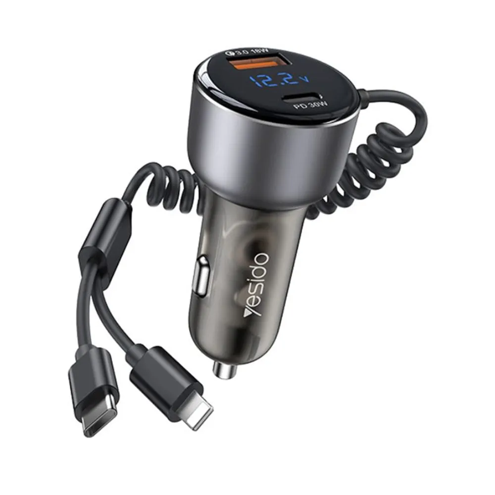 Caricabatterie Auto con Cavo USB-C / Lightning Yesido Y58 Display, 60W, 3A, 1 x USB-A - 1 x USB-C, Grigio - immagine 1