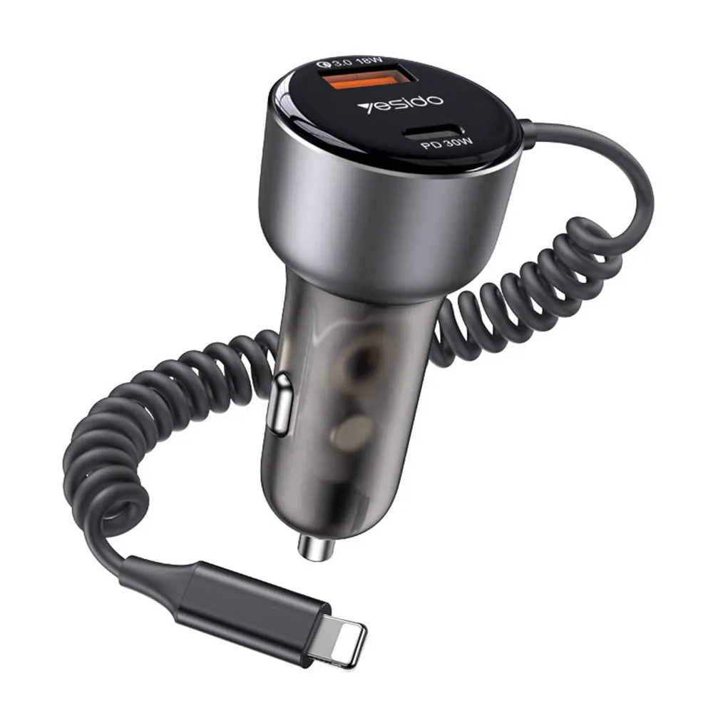 Caricabatterie Auto con Cavo Lightning Yesido Y57, 50W, 3A, 1 x USB-A - 1 x USB-C, Nero - immagine 1