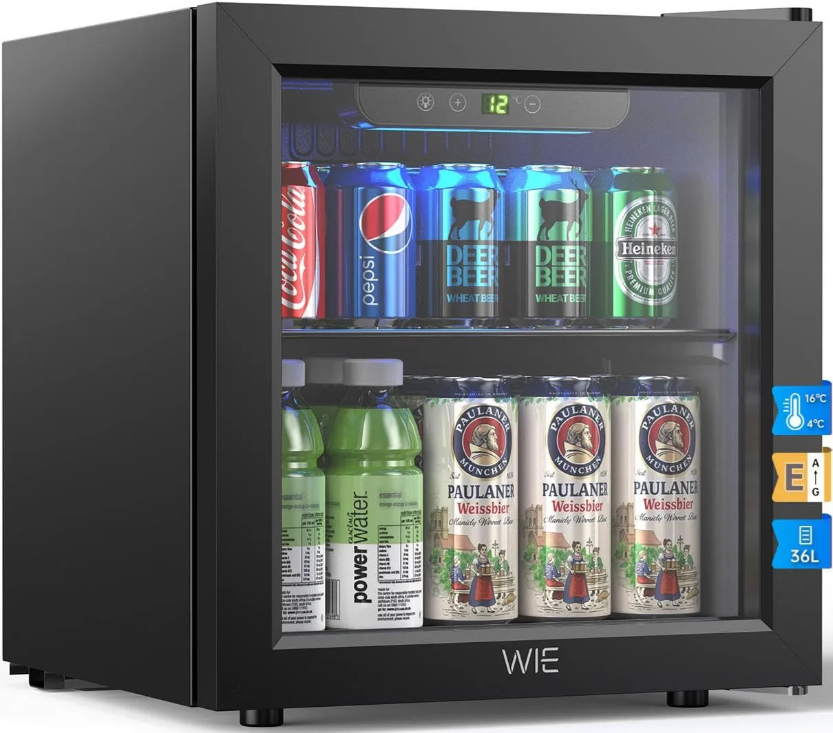 WIE Mini Frigo 36L con Compressore, Frigo Vetrina 55 Lattine, Temperatura Regolabile 4-16°C, Porta in Vetro, Silenzioso 43 dB, Classe E, LED, Porta Reversibile - Per Casa, Ufficio, Bar, Camper - immagine 1