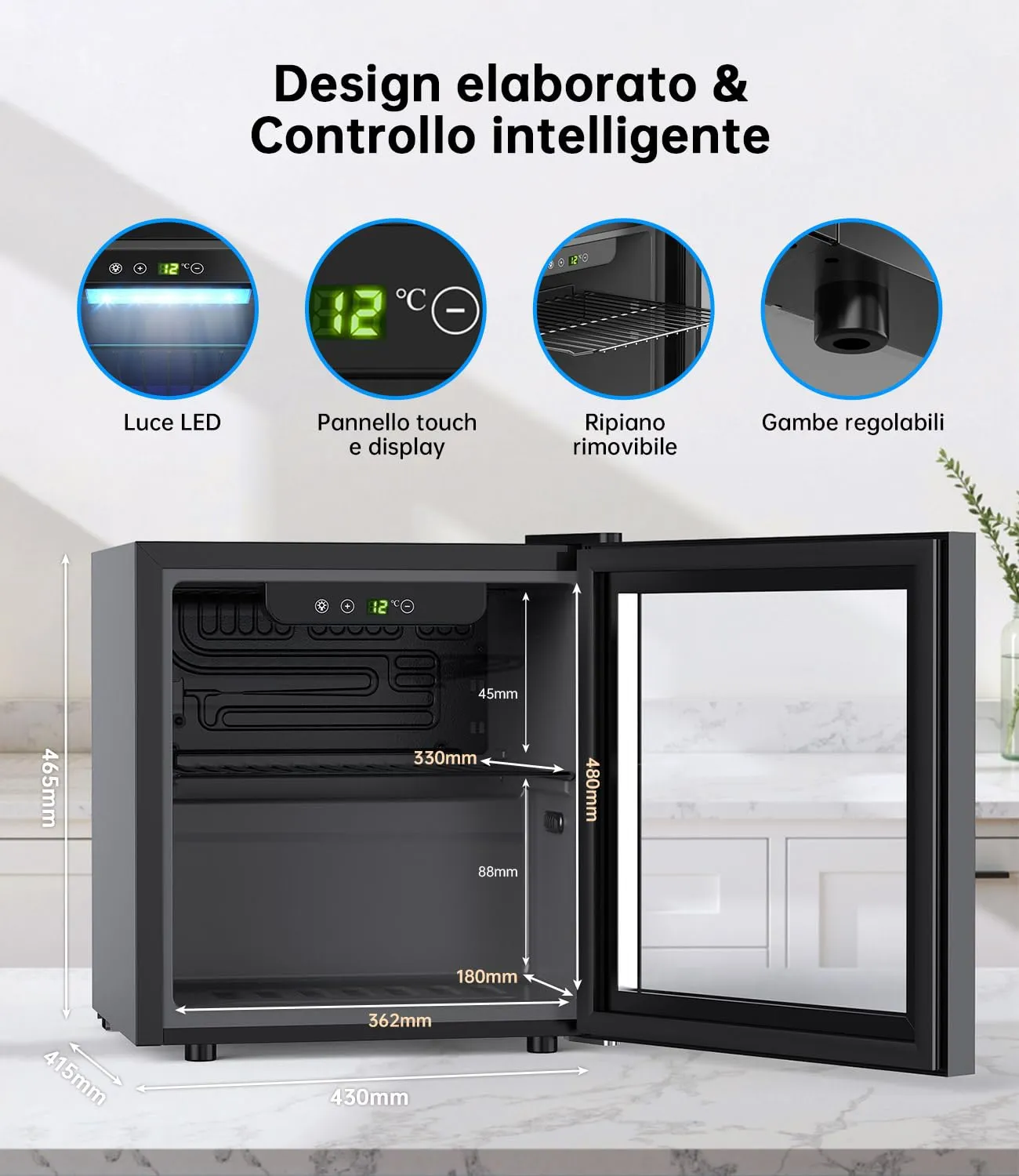 WIE Mini Frigo 36L con Compressore, Frigo Vetrina 55 Lattine, Temperatura Regolabile 4-16°C, Porta in Vetro, Silenzioso 43 dB, Classe E, LED, Porta Reversibile - Per Casa, Ufficio, Bar, Camper - immagine 2