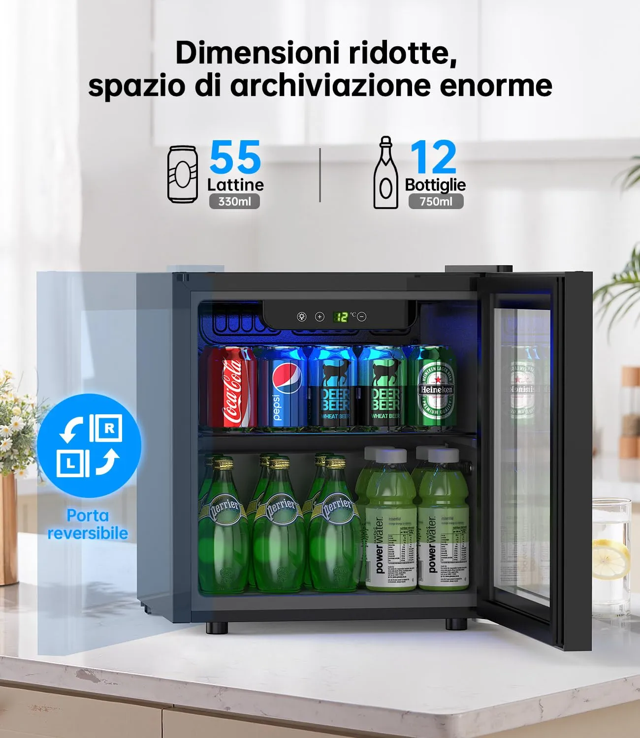 WIE Mini Frigo 36L con Compressore, Frigo Vetrina 55 Lattine, Temperatura Regolabile 4-16°C, Porta in Vetro, Silenzioso 43 dB, Classe E, LED, Porta Reversibile - Per Casa, Ufficio, Bar, Camper - immagine 3