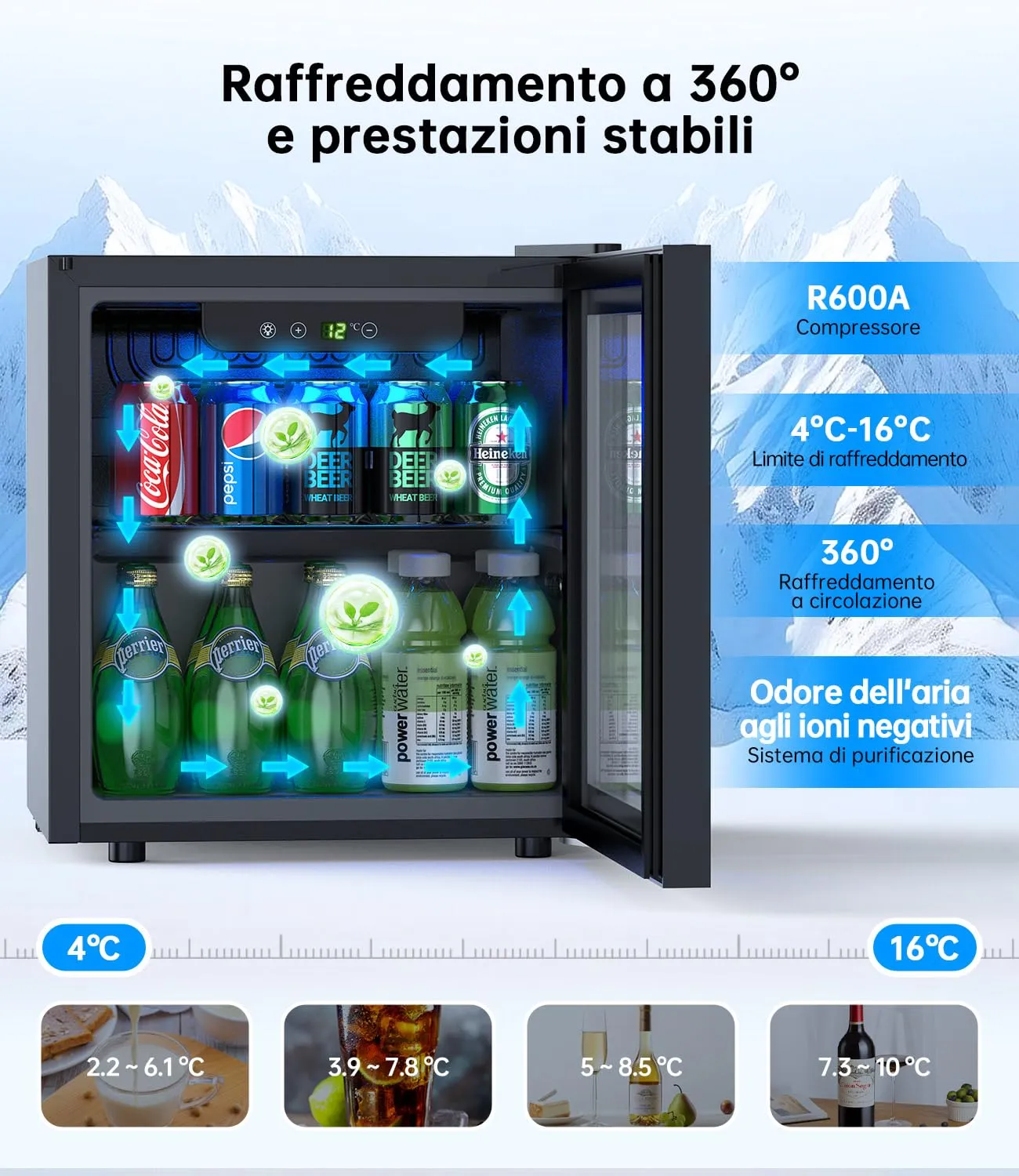 WIE Mini Frigo 36L con Compressore, Frigo Vetrina 55 Lattine, Temperatura Regolabile 4-16°C, Porta in Vetro, Silenzioso 43 dB, Classe E, LED, Porta Reversibile - Per Casa, Ufficio, Bar, Camper - immagine 4