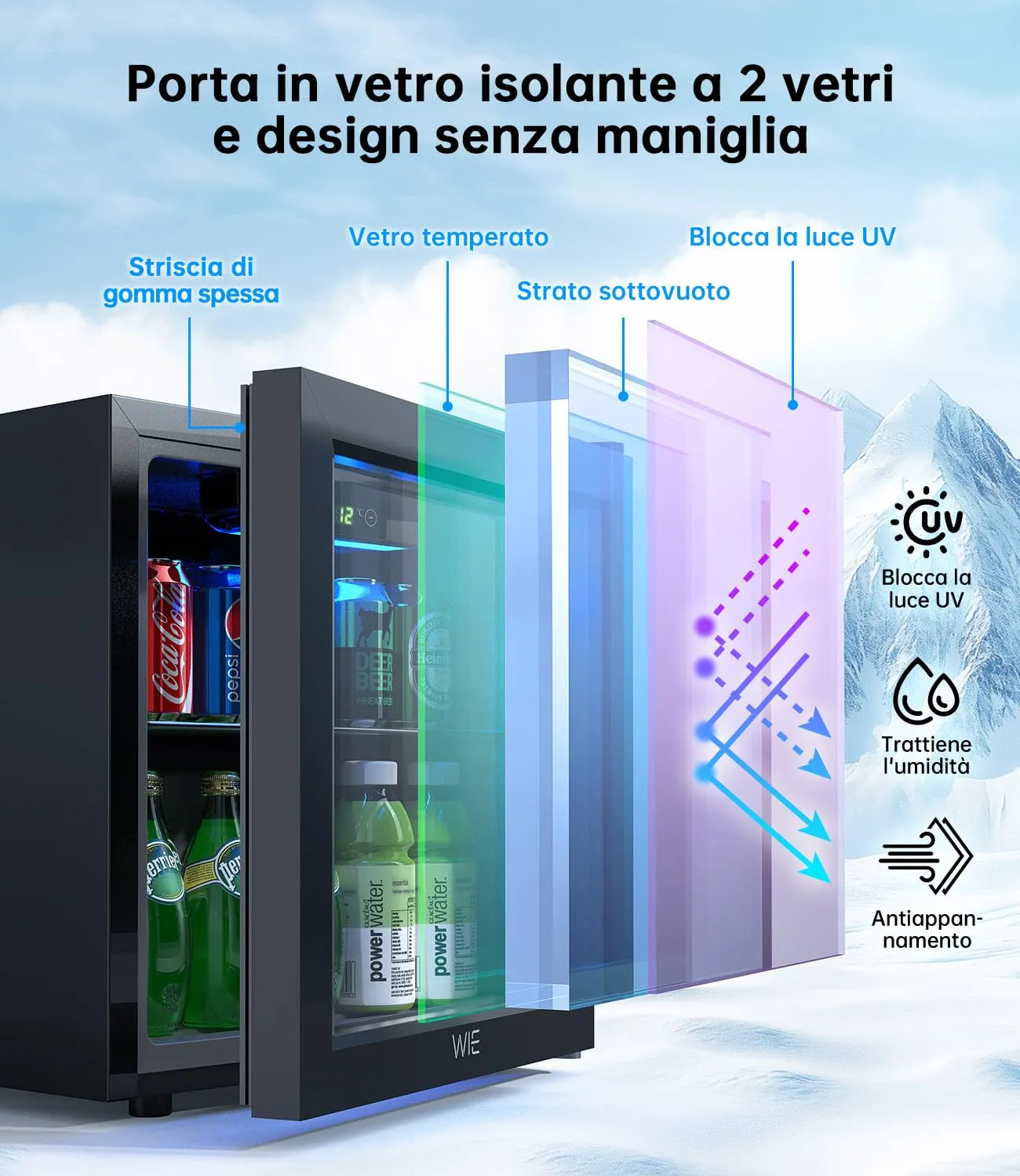 WIE Mini Frigo 36L con Compressore, Frigo Vetrina 55 Lattine, Temperatura Regolabile 4-16°C, Porta in Vetro, Silenzioso 43 dB, Classe E, LED, Porta Reversibile - Per Casa, Ufficio, Bar, Camper - immagine 5