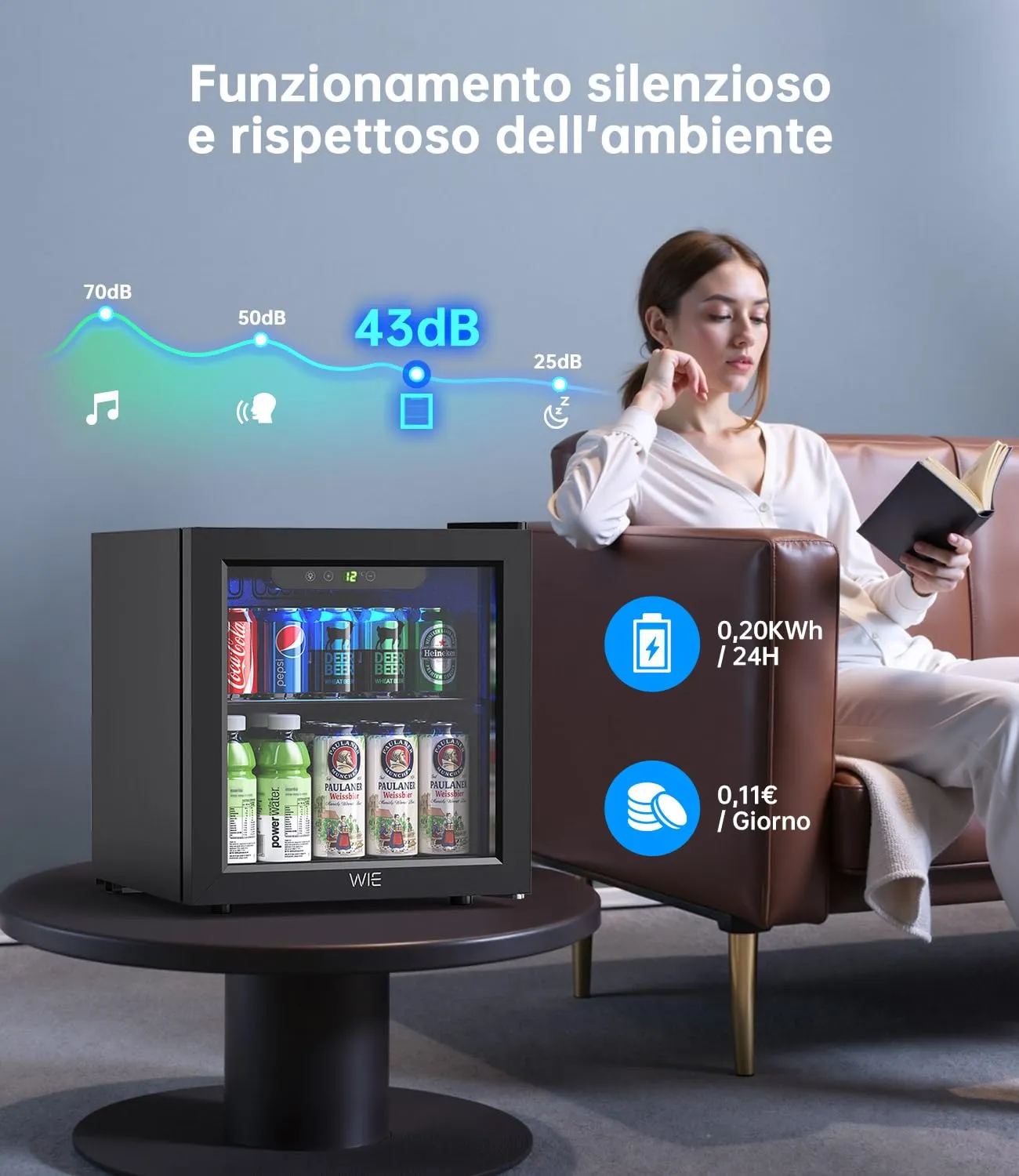 WIE Mini Frigo 36L con Compressore, Frigo Vetrina 55 Lattine, Temperatura Regolabile 4-16°C, Porta in Vetro, Silenzioso 43 dB, Classe E, LED, Porta Reversibile - Per Casa, Ufficio, Bar, Camper - immagine 6