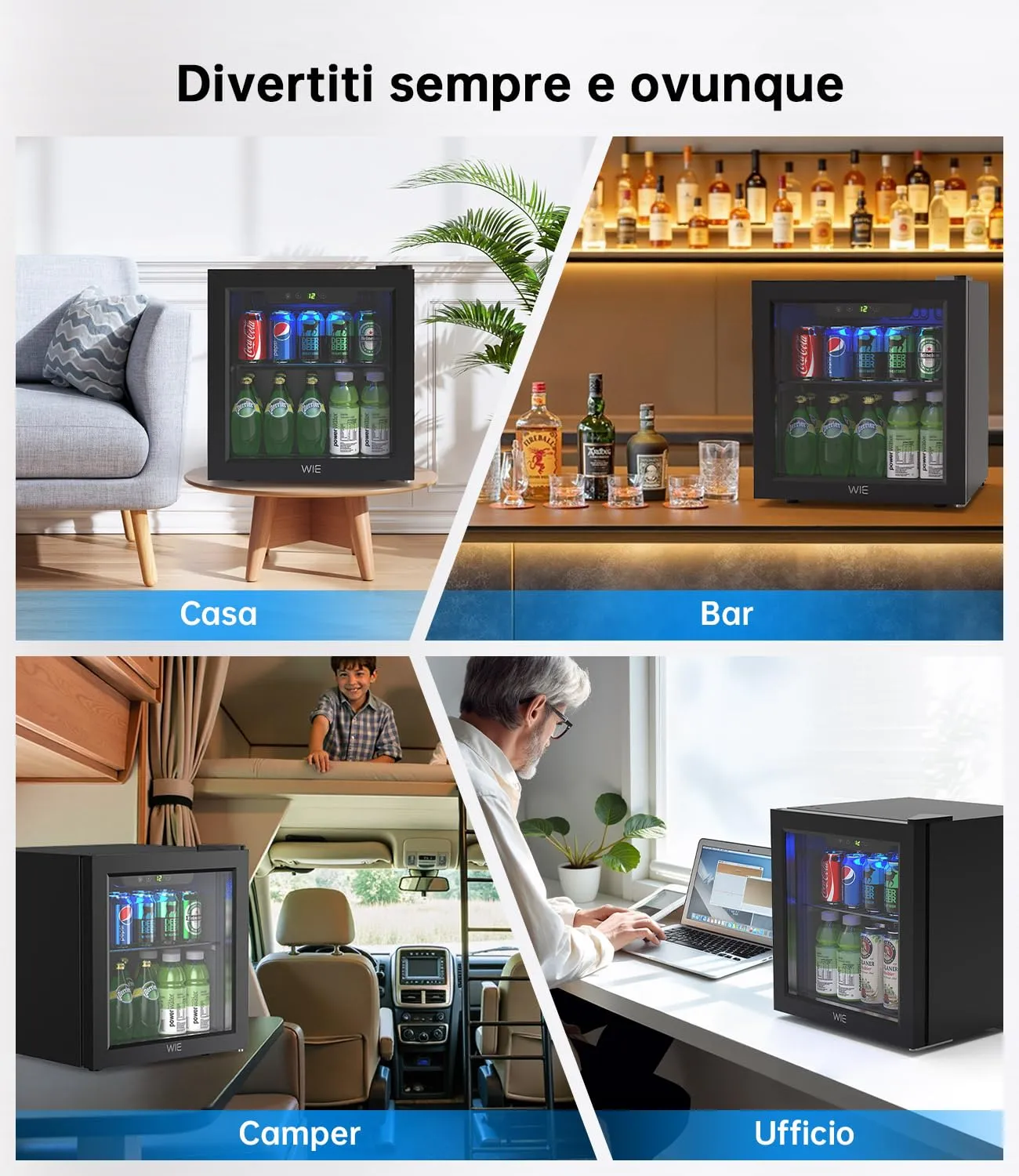 WIE Mini Frigo 36L con Compressore, Frigo Vetrina 55 Lattine, Temperatura Regolabile 4-16°C, Porta in Vetro, Silenzioso 43 dB, Classe E, LED, Porta Reversibile - Per Casa, Ufficio, Bar, Camper - immagine 7